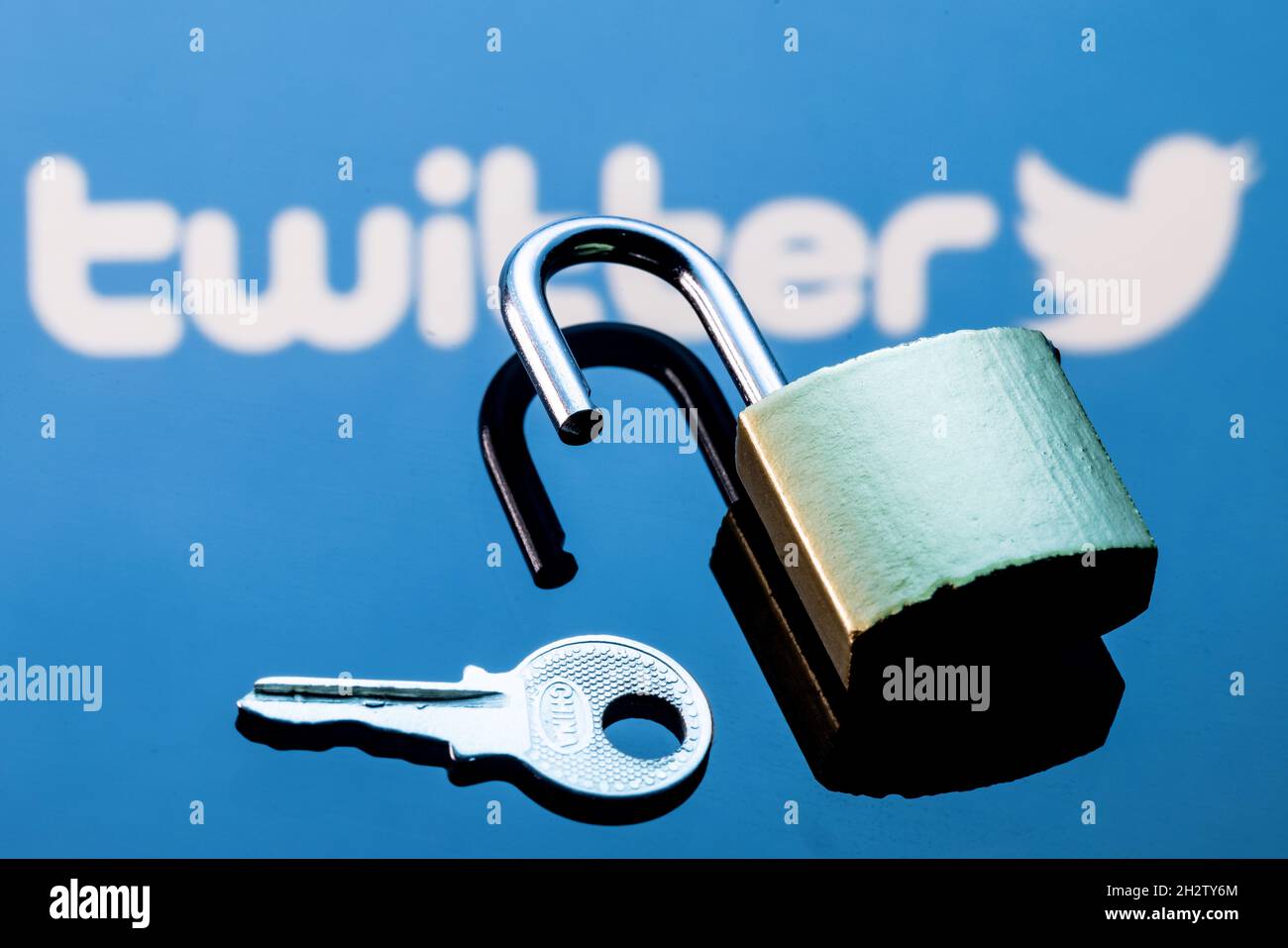 Twitter Lock An open security lock and key on the background of the Twitter social ...