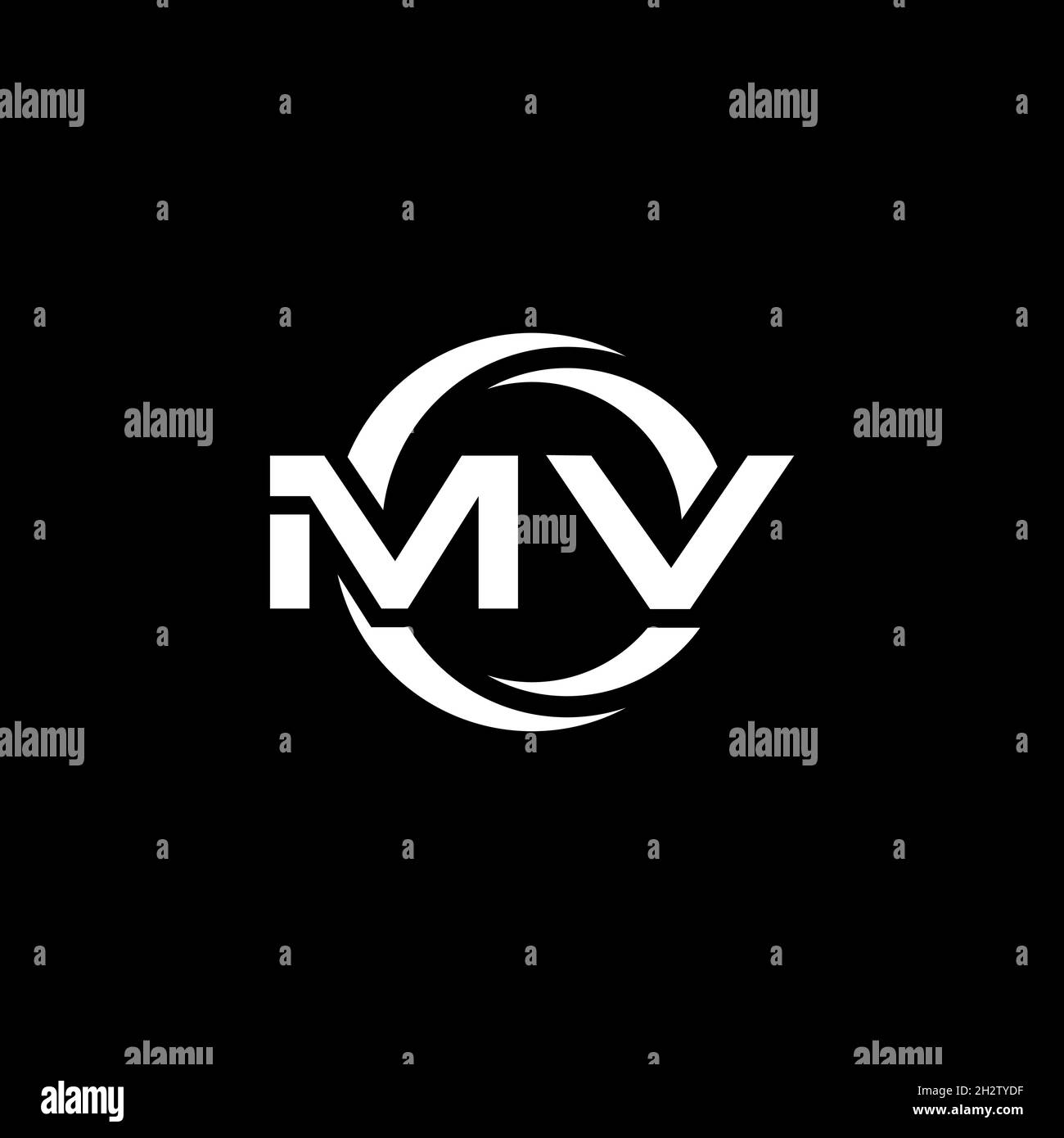 MV Monogram logo letter with simple shape and circle rounded design template isolated on black background Stock Vector