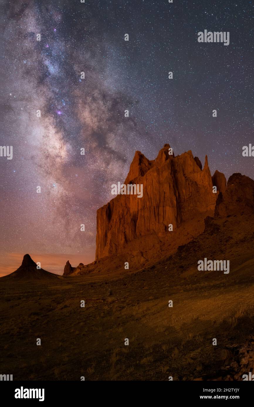 Milky way with Shiprock, huge rock formation at New Mexico Stock Photo