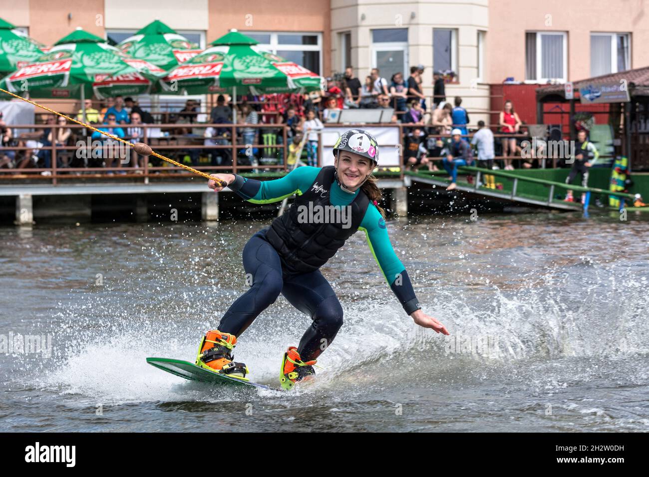 Lublin, Poland - May 31, 2015: Lublin Sportival - city sport event - wakeboard contest at Zalew Zemborzycki Stock Photo