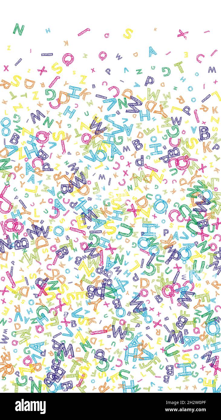 Falling letters of English language. Colorful messy sketch flying words ...