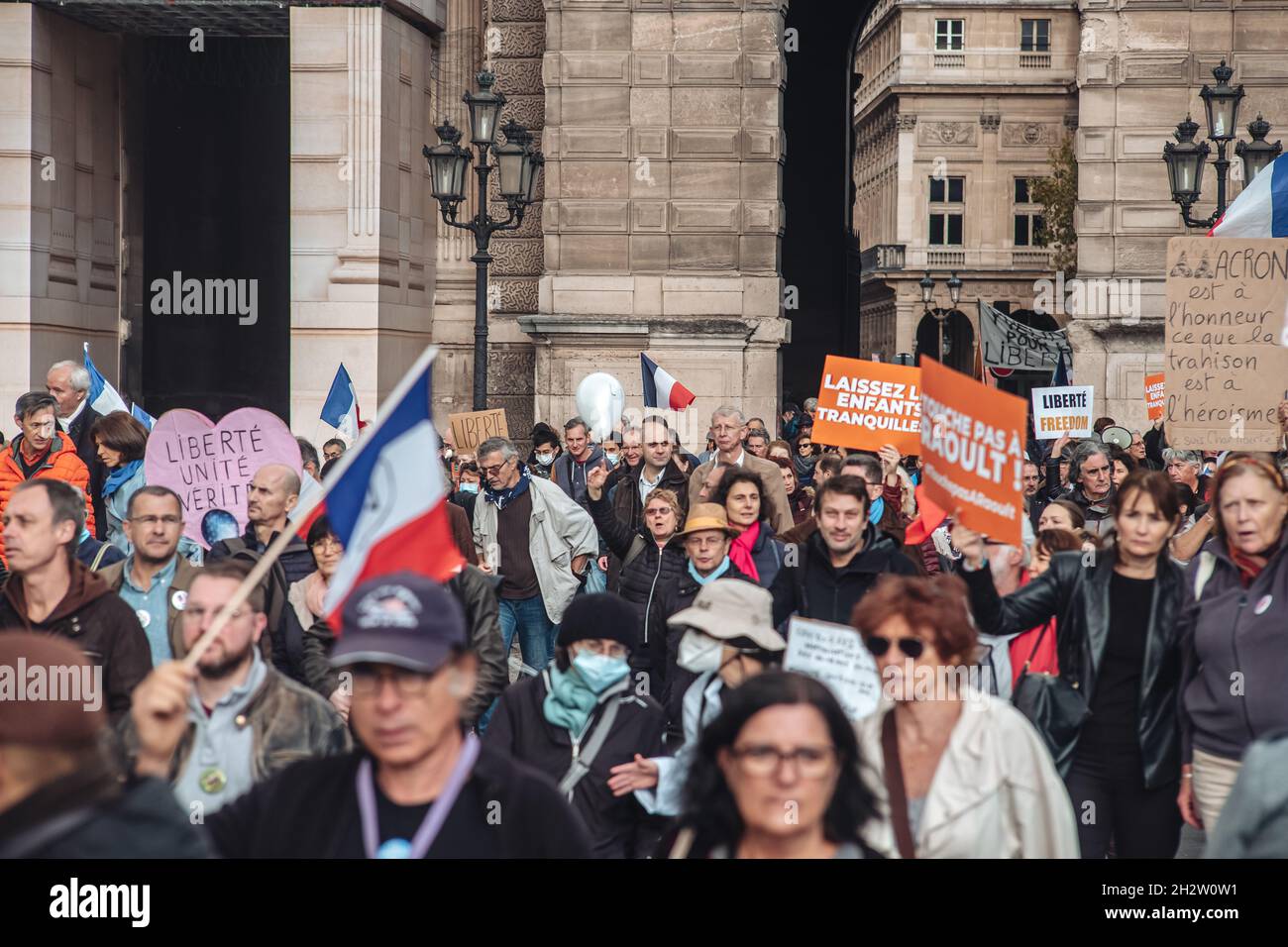 Paris, France - 23 October 2021: Protests march against the Covid-19 health pass Stock Photo