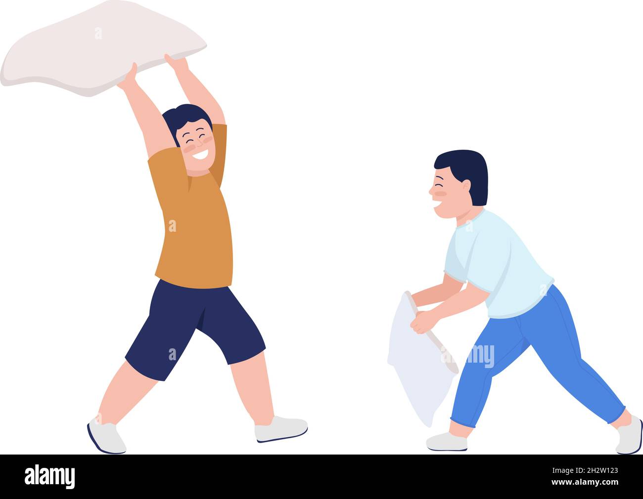 Boy playing pillow fight semi flat color vector characters Stock Vector