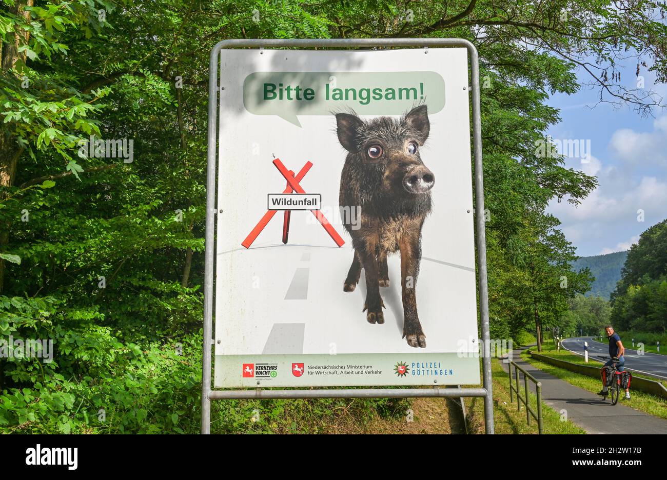 Warnschild Wildwechsel, Wildschwein, langsam, Niedersachsen, Deutschland Stock Photo