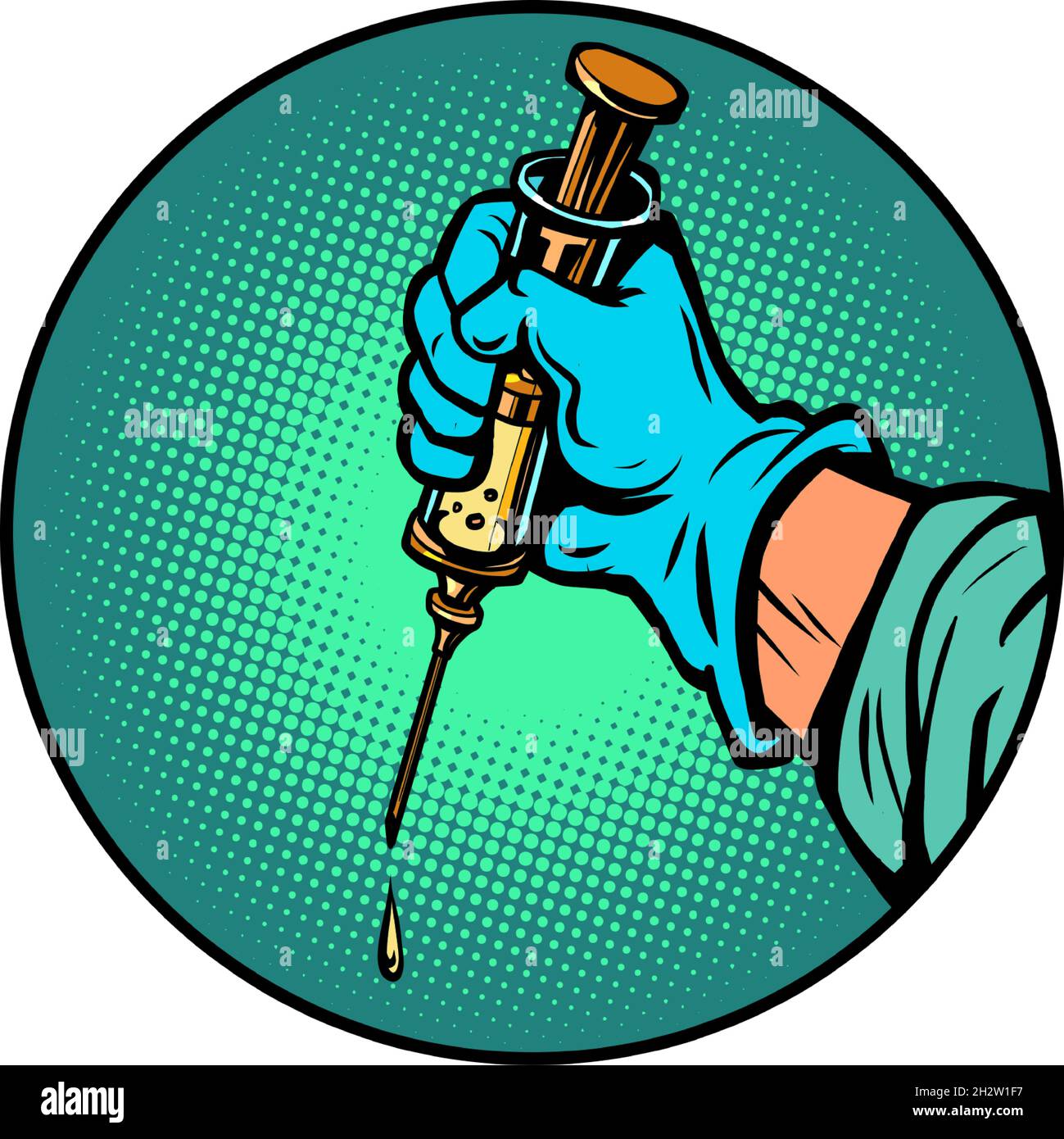 the doctor hand with a syringe vaccination injection. Medicine and health, protection in a pandemic Stock Vector