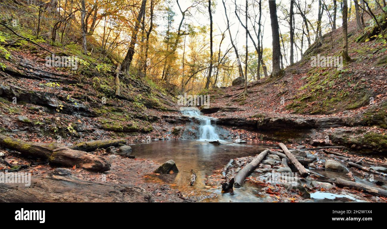 An Autumn morning at Parfrey's Glen Waterfall in Sauk County, WI Near Devil's Lake State Parkw Stock Photo