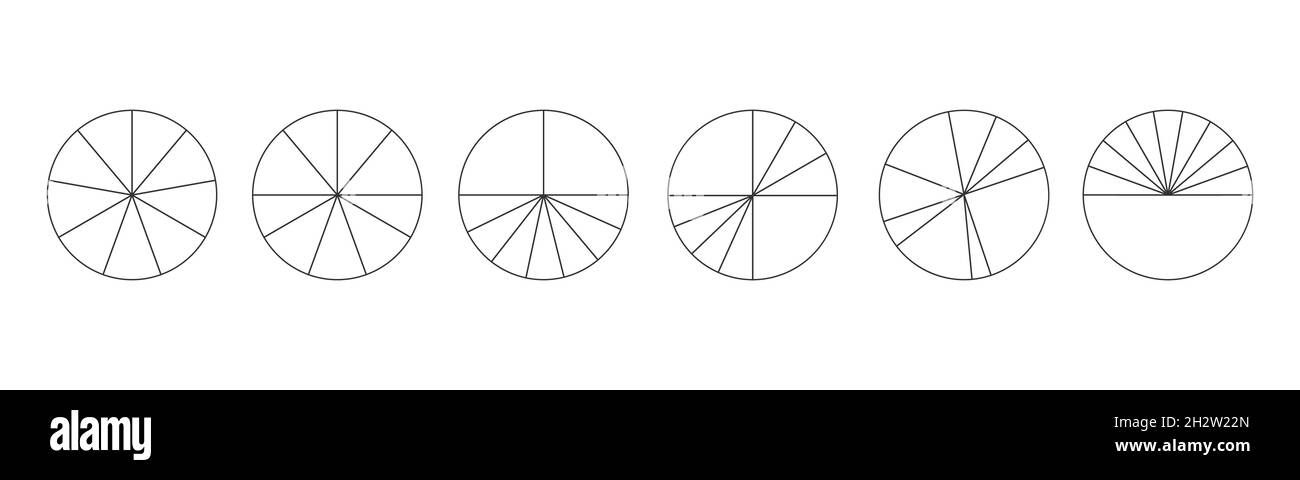 Outline circles divided in 9 segments isolated on white background. Pie or pizza round shapes cut in different nine slices. Simple statistical infographic examples. Vector linear illustration. Stock Vector