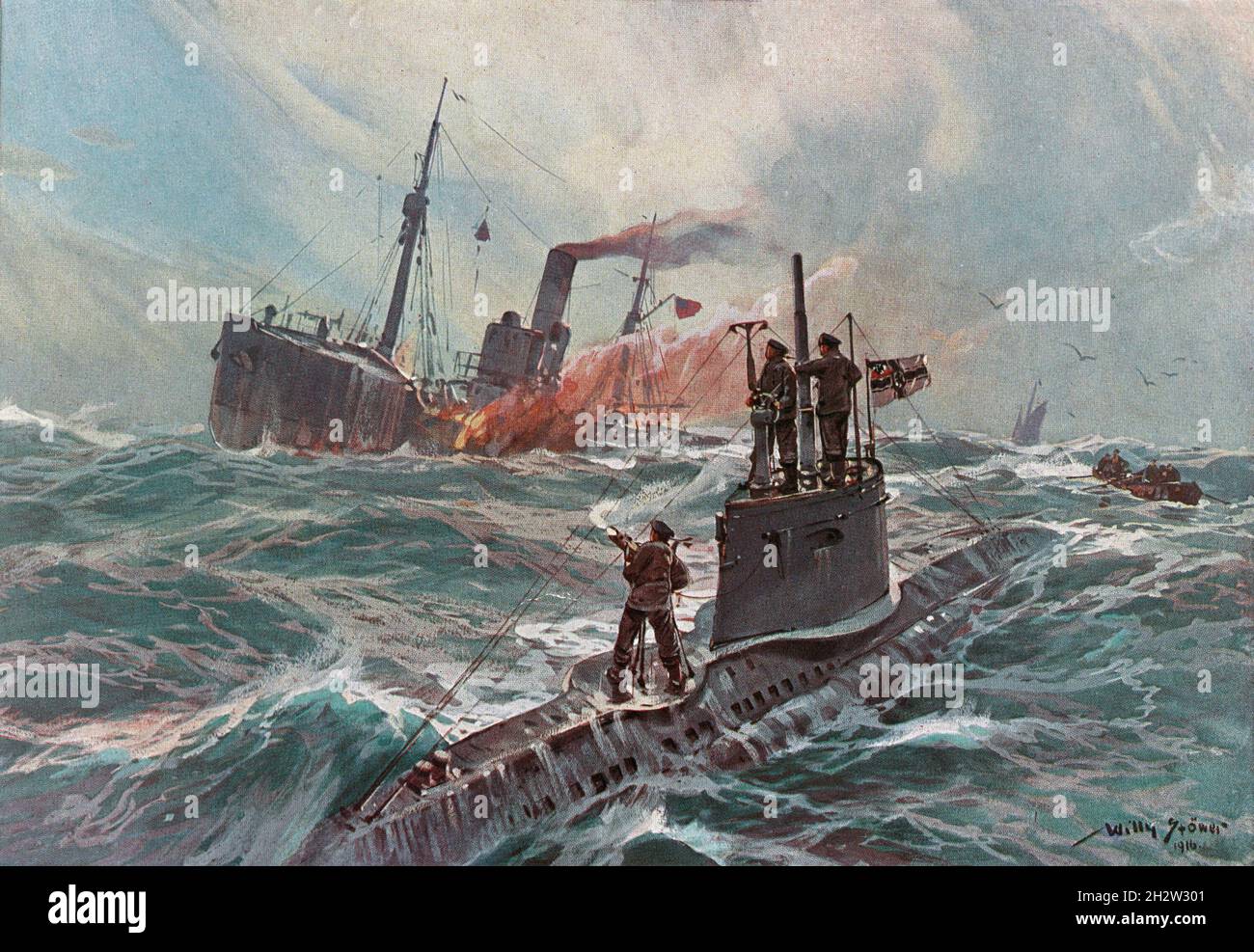 A vintage painting dated 1916 of German submarine or U Boat on the surface after sinking an armed English fishing steamer. A sailor is firing on the ship with a deck gun by the artist Willy Stöwer Stock Photo