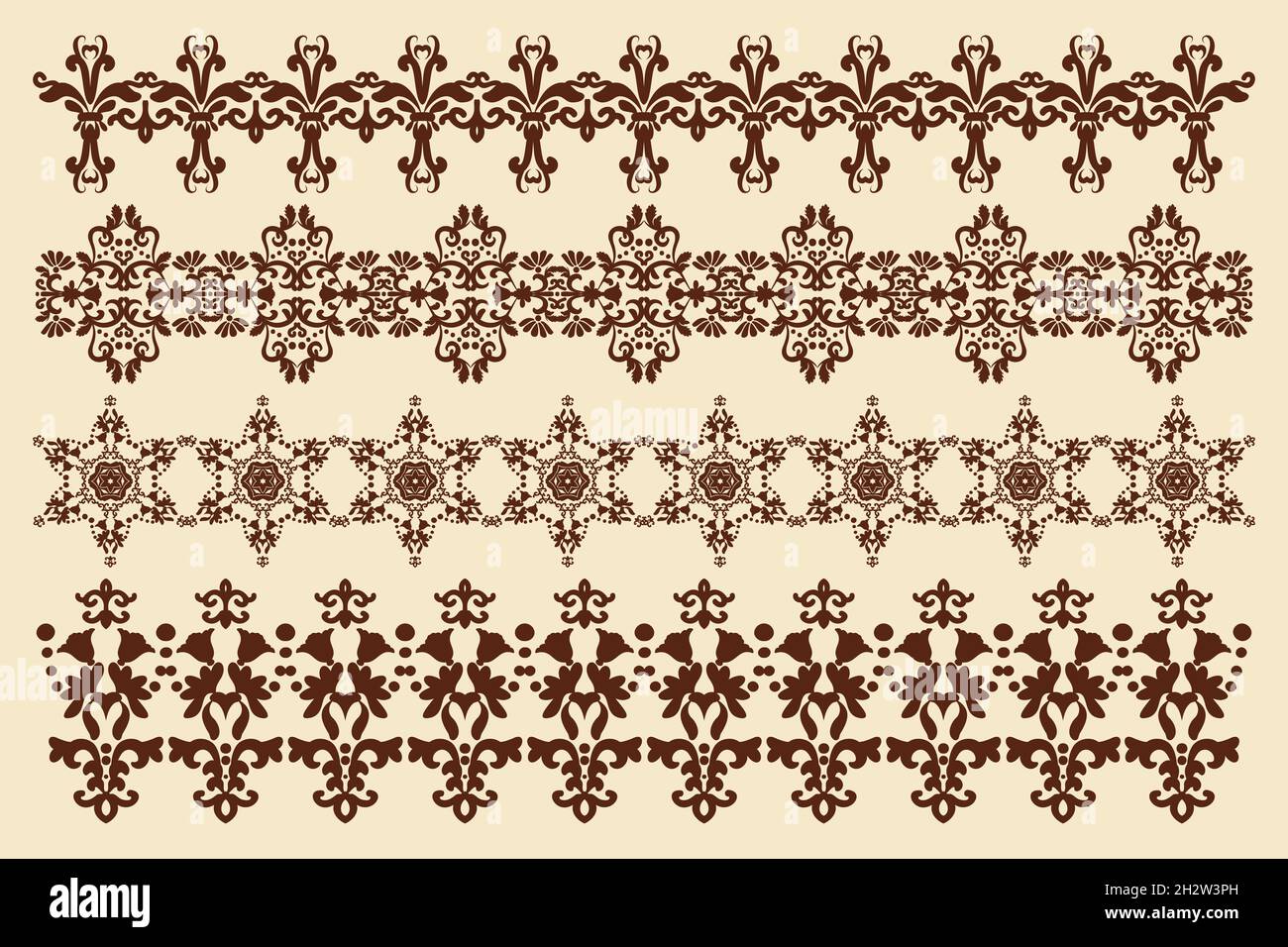 Patterned borders with floral elements. Set of ornaments in vintage style. Design element. Computer graphics. Stock Vector