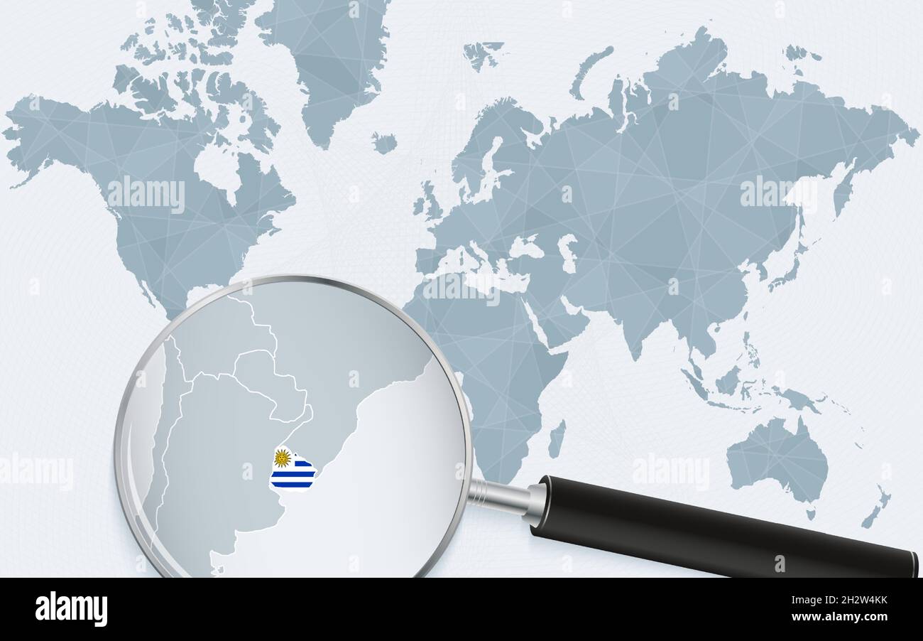 World map with a magnifying glass pointing at Uruguay. Map of Uruguay with the flag in the loop. Vector illustration. Stock Vector