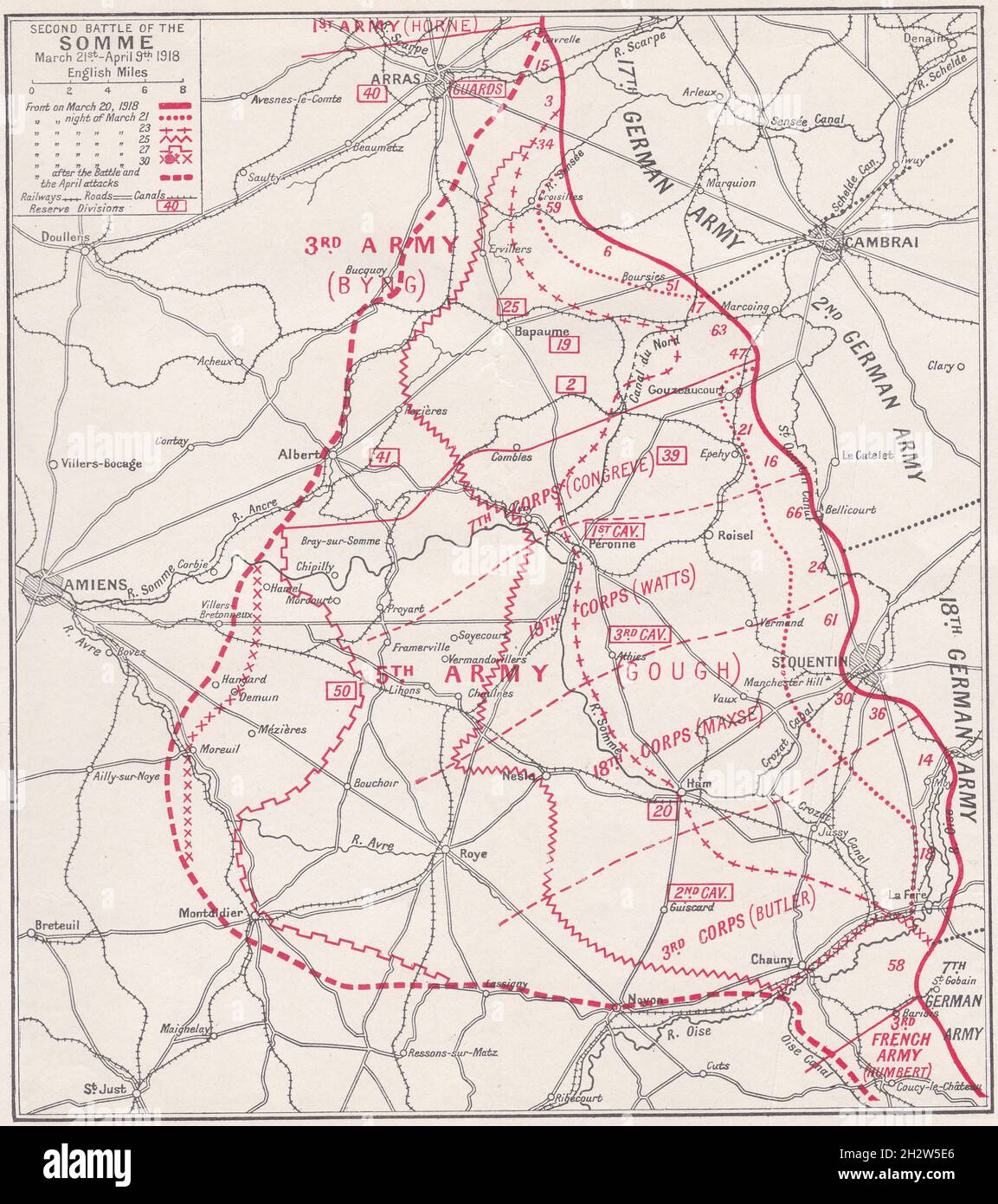 Vintage map of The Somme Battle - Territory gained by Allies and Germans respectively in the two battles of the Somme during The Great War 1918. Stock Photo