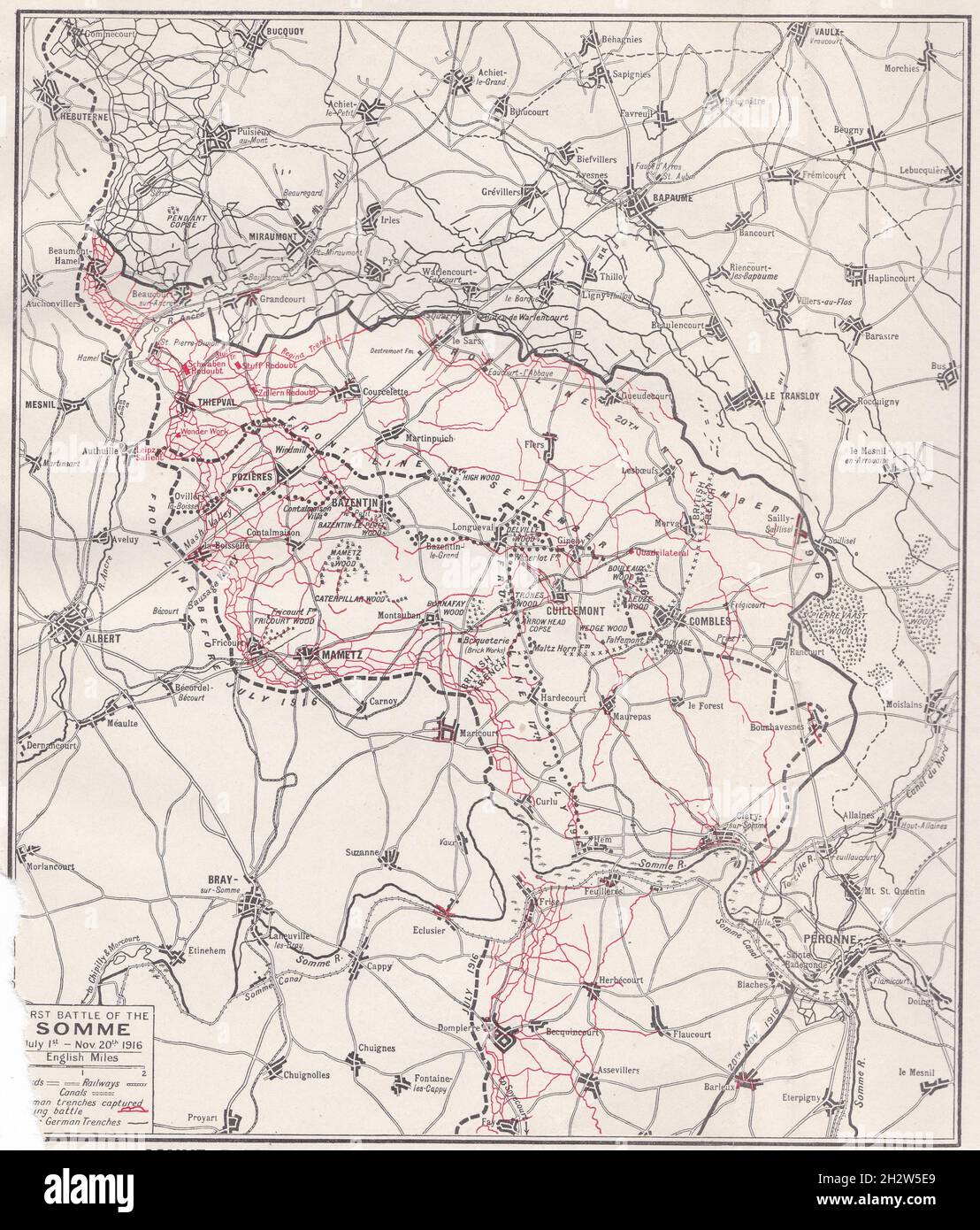 Vintage map of The Somme Battle - Territory gained by Allies and Germans respectively in the two battles of the Somme during The Great War 1916. Stock Photo