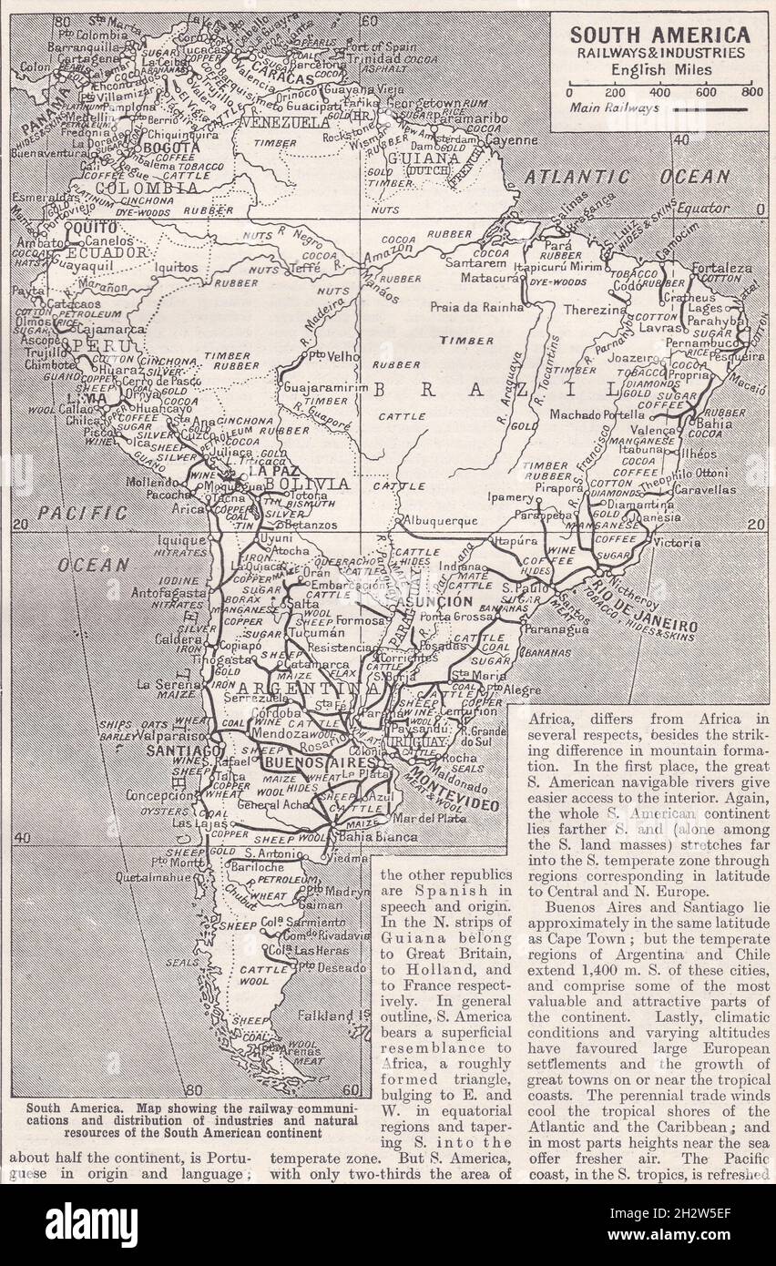 Vintage map of South America - Railways and Industries 1930s Stock