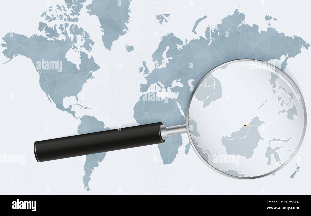 World map with a magnifying glass pointing at Brunei. Map of Brunei ...