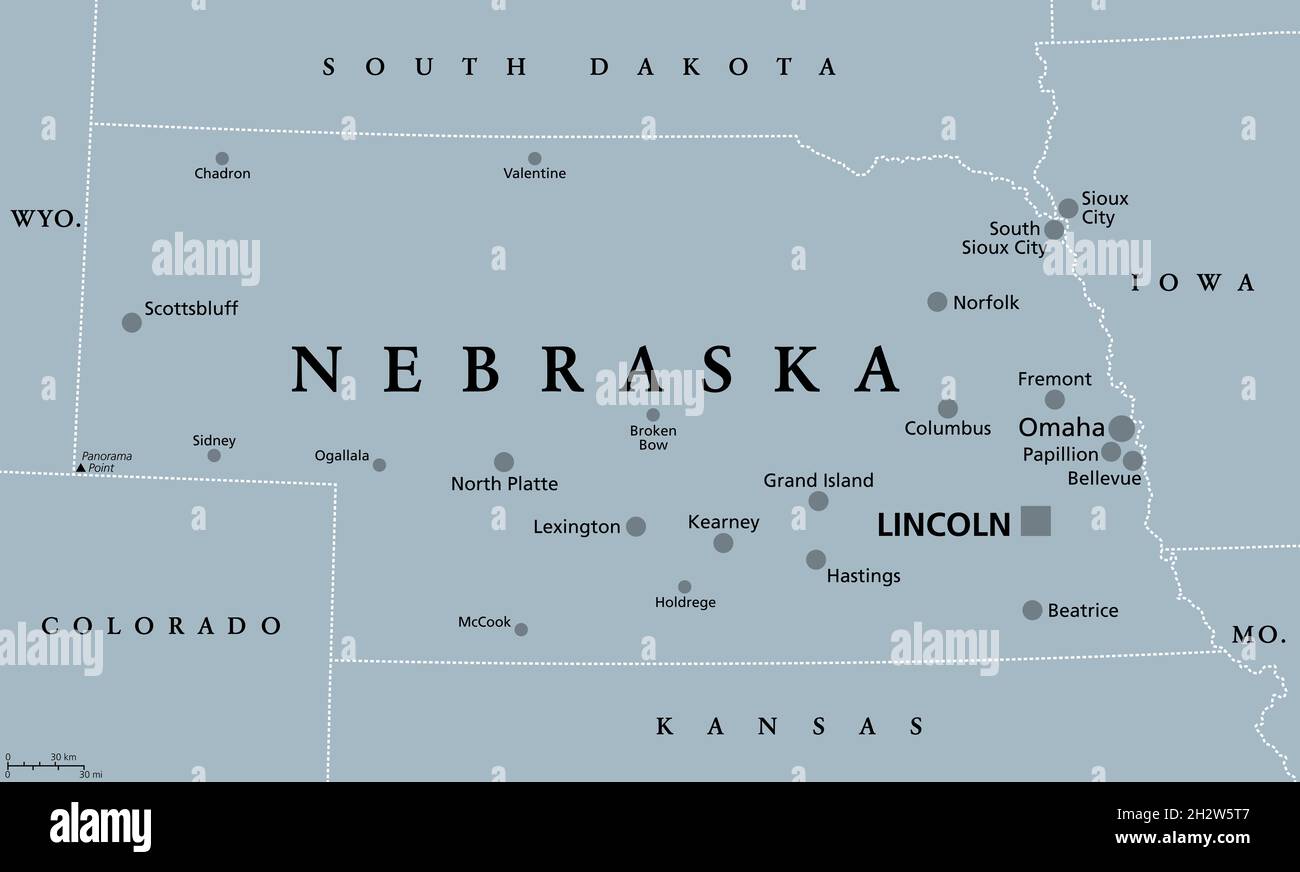 Nebraska, NE, gray political map with the capital Lincoln and largest city Omaha. Triply landlocked State in the Midwestern subregion of United States. Stock Photo