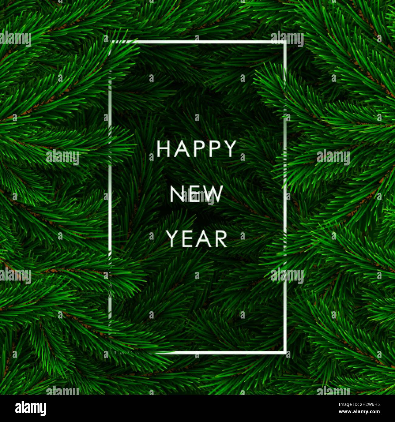 Happy New Year Banner. Fir branch backdrop with white frame. Christmas decoration element. Green colorful pine pattern. New Year tree branches backgro Stock Vector