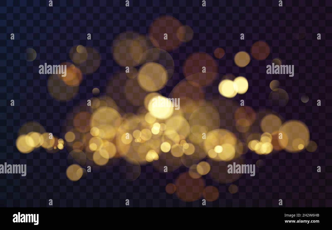 Effect of bokeh circles on transparent background. Christmas glowing warm golden glitter element for your design. Vector illustration Stock Vector