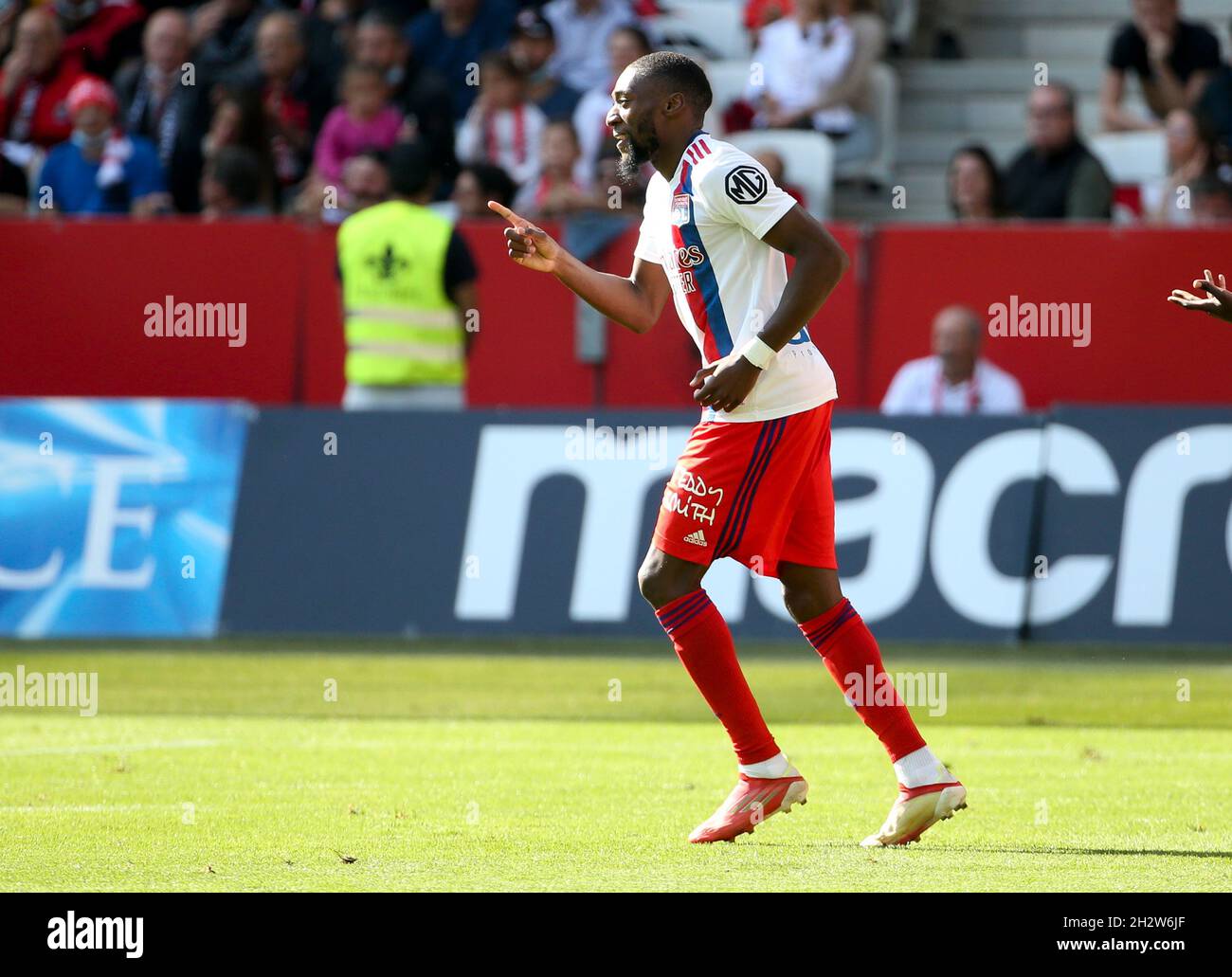 Nice, France. 24th Oct, 2021. Karl Toko Ekembi of Lyon celebrates his goal  during the French championship Ligue 1 football match between OGC Nice  (OGCN) and Olympique Lyonnais (OL) on October 24,