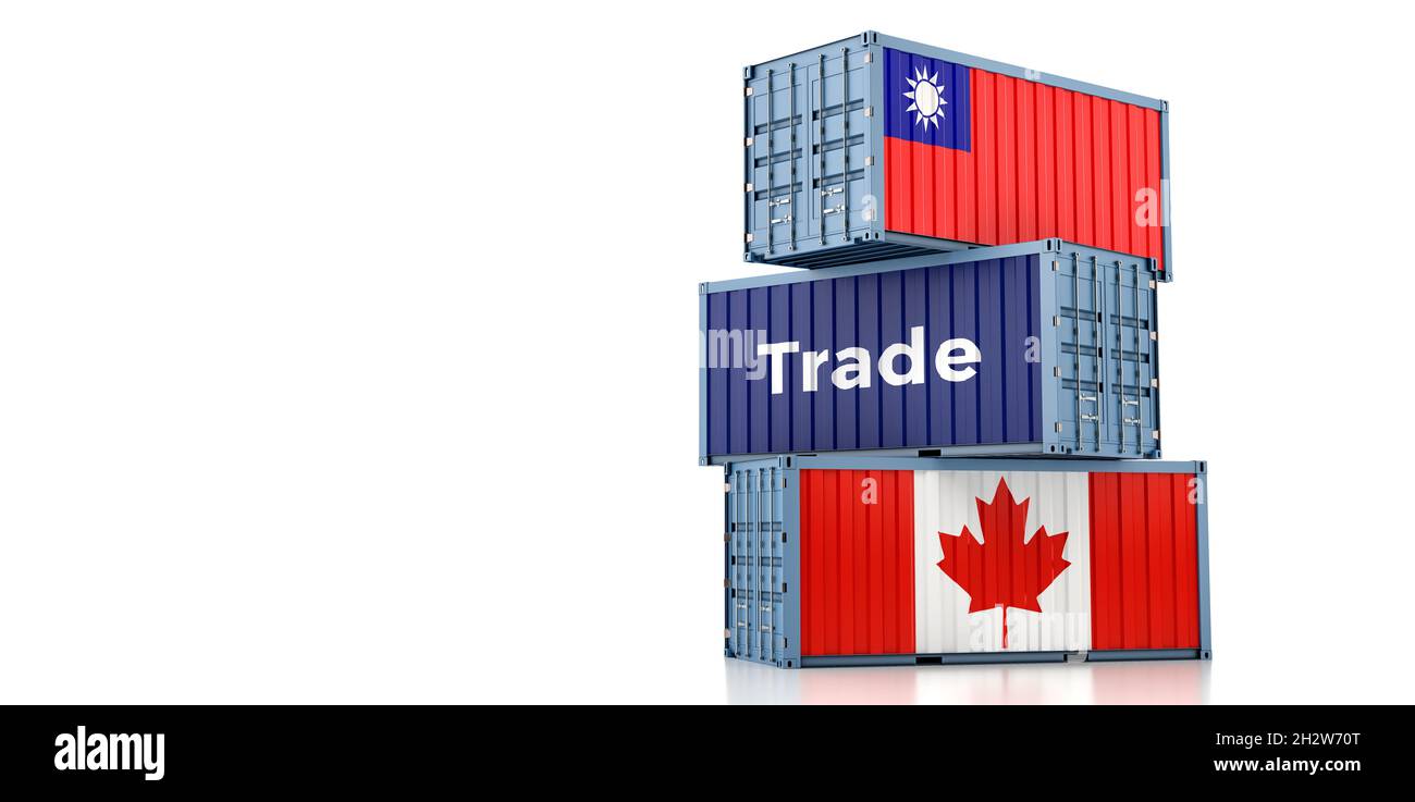 Shipping containers with Canada and Taiwan flag. 3D Rendering Stock Photo