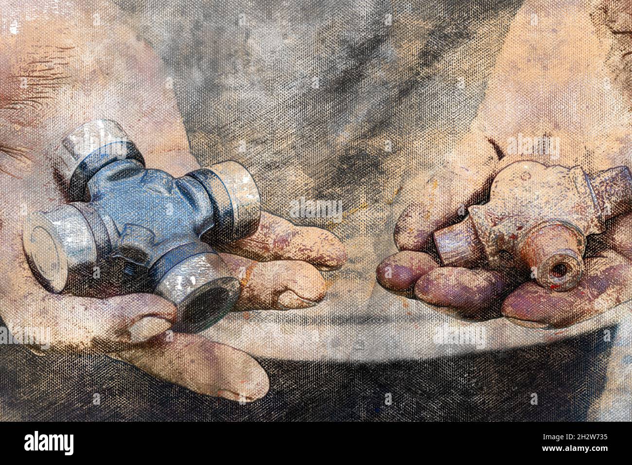 Automechanic. Man holding a new and an old cardan shaft cross. Auto  Service. Digital watercolor painting Stock Photo - Alamy