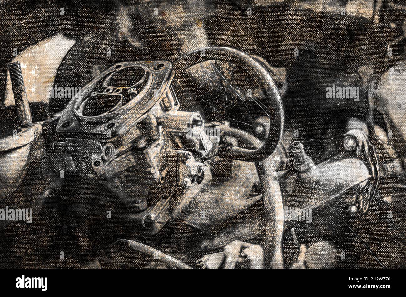 Carburetor Car Engine. Disassembled gasoline internal combustion engine. Auto Workshop. Digital watercolor painting Stock Photo