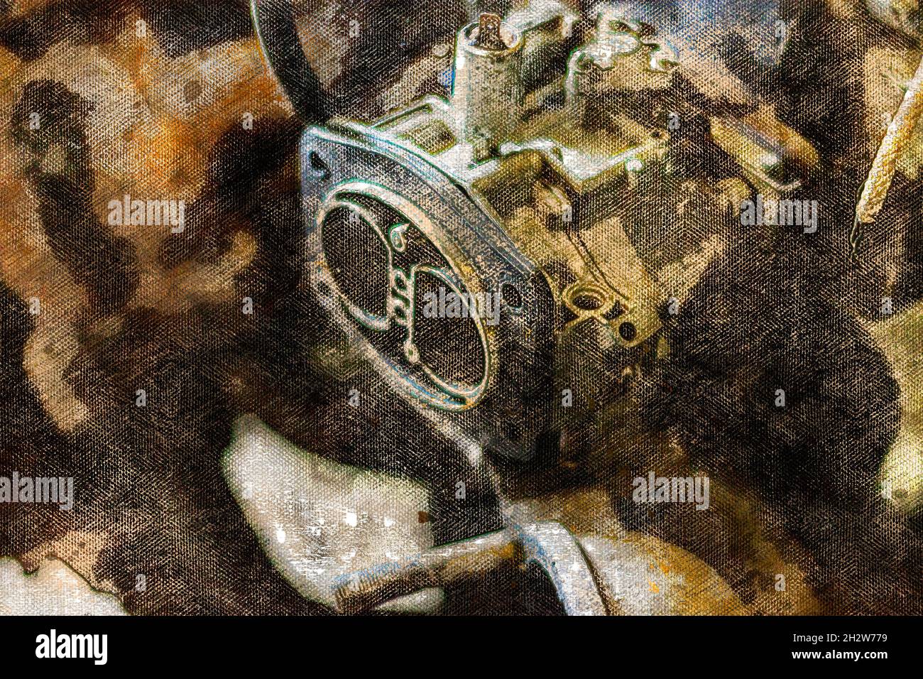 Carburetor Car Engine. Disassembled gasoline internal combustion engine. Auto Workshop. Digital watercolor painting Stock Photo