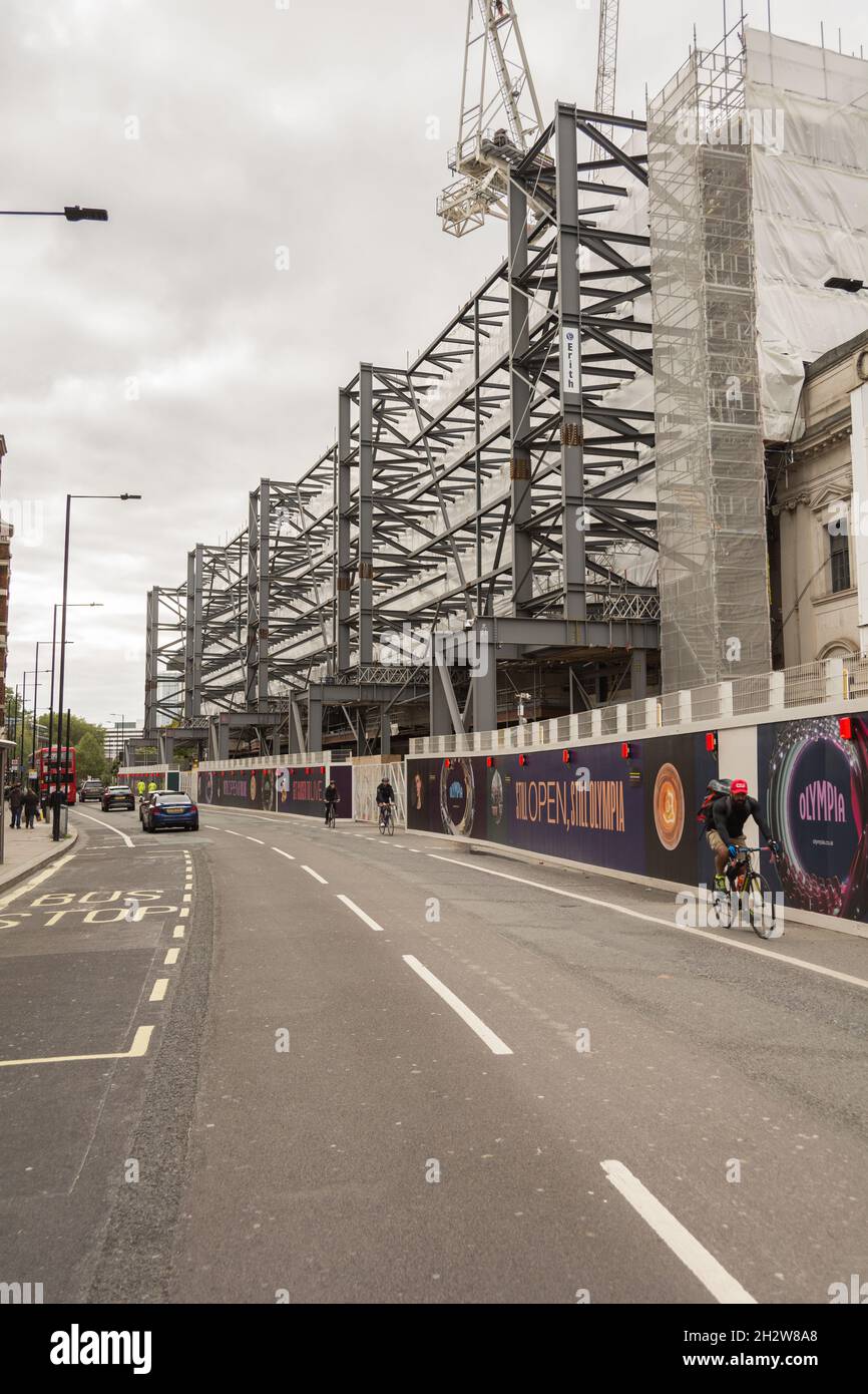 Scaffolding surrounding the redevelopment of the London Olympia Exhibition Centre in West Kensington, London, England, U.K. Stock Photo
