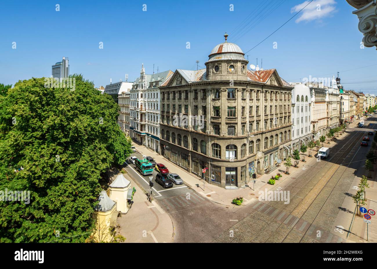 Scenic Riga Scenic cityscape of Riga, Latvia. Top view of intersection with cars ...
