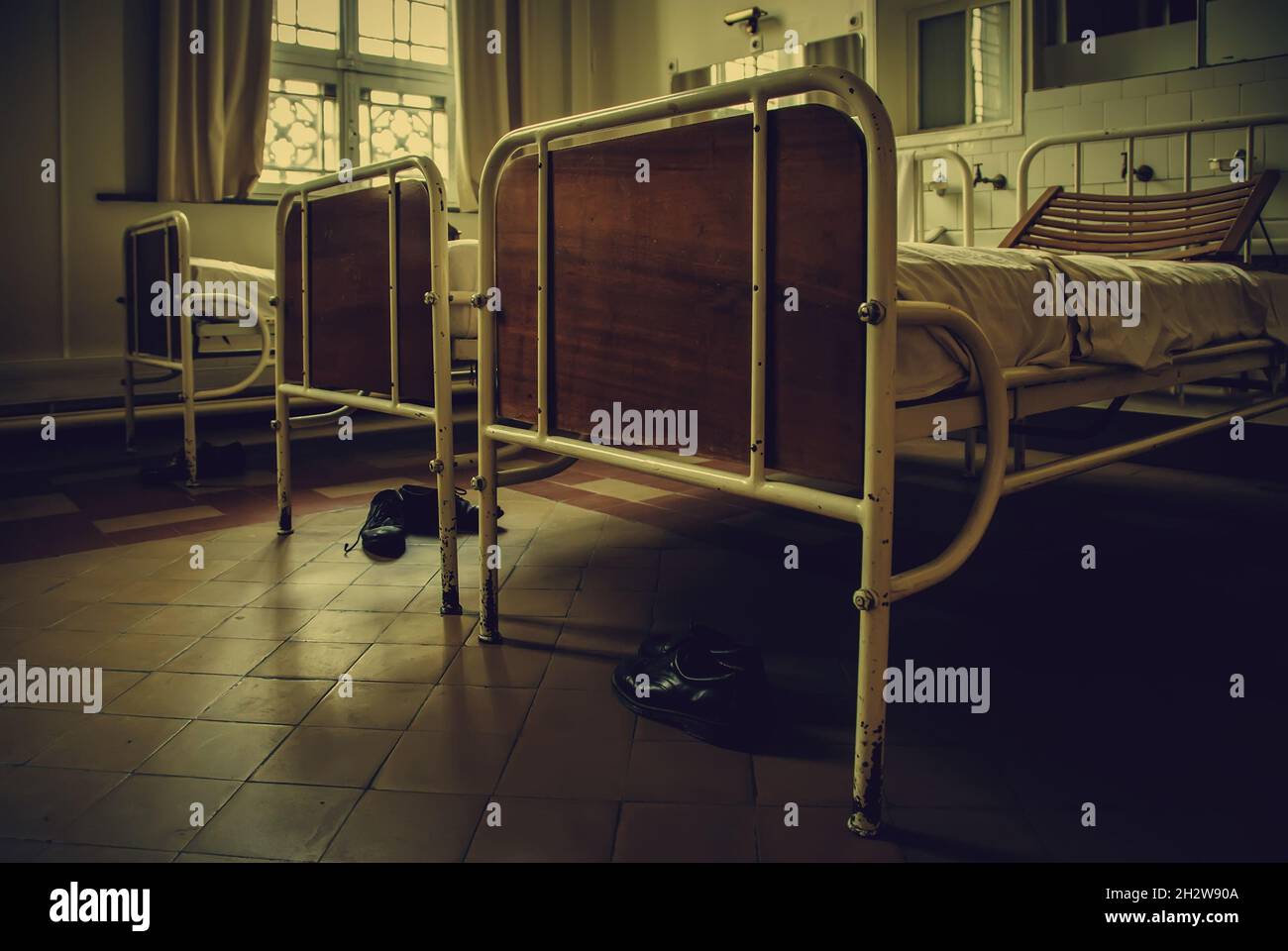 Old hospital beds, detail of old hospital for patients Stock Photo