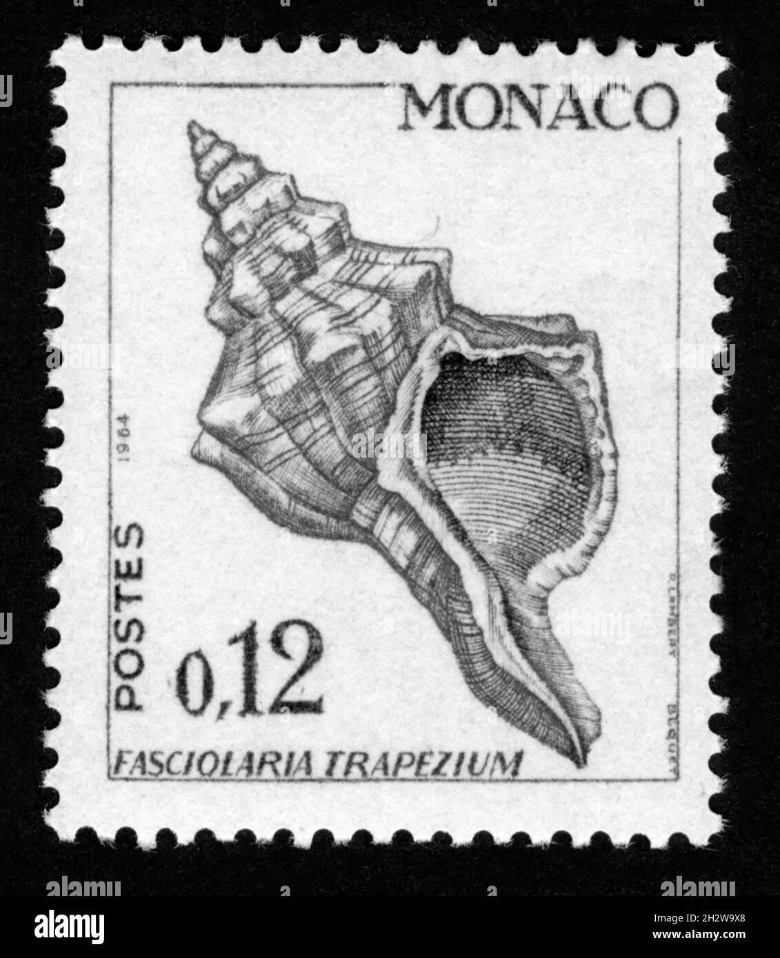 Stamp print in Monaco,Fasciolaria trapezium,shell, clam Stock Photo