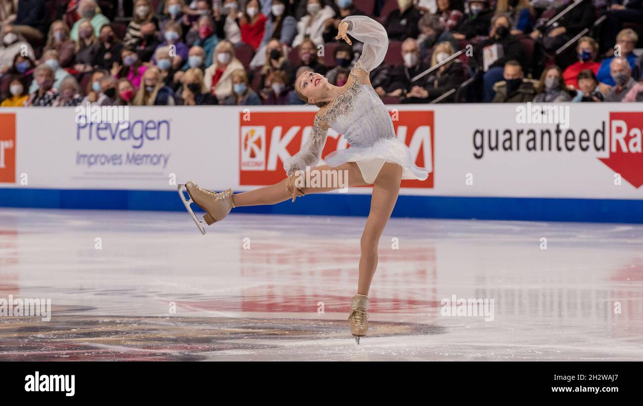 Las Vegas, USA. 23rd Oct, 2021. Kseniia Sinitsyna of Russia finishes her women's short program in third place at the 2021 ISU Guaranteed Rate Skate America in Orleans Arena, Las Vegas, Nevada on October 23, 2021 (Photo by Jeff Wong/Sipa USA). Credit: Sipa USA/Alamy Live News Stock Photo