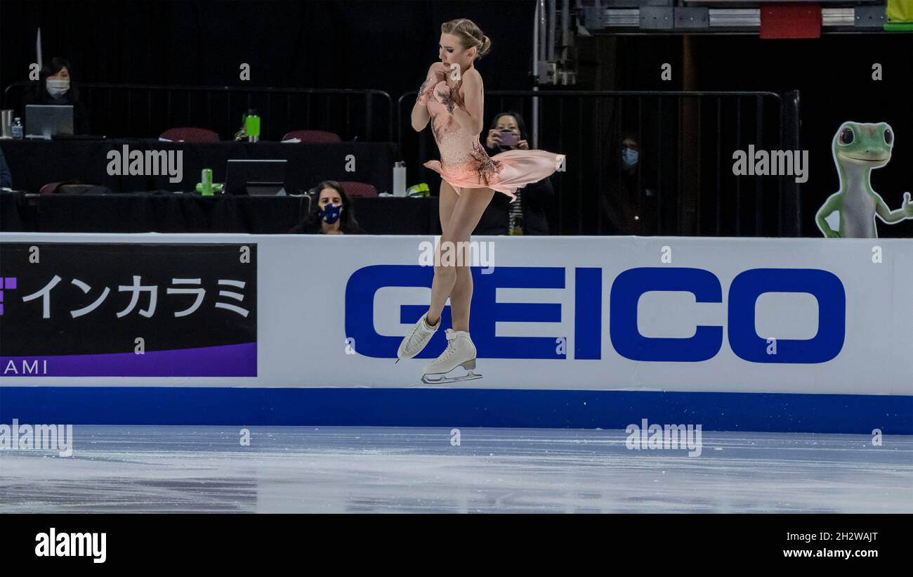 Las Vegas, USA. 23rd Oct, 2021. Daria Usacheva of Russia finishes her women's short program in second place at the 2021 ISU Guaranteed Rate Skate America in Orleans Arena, Las Vegas, Nevada on October 23, 2021 (Photo by Jeff Wong/Sipa USA). Credit: Sipa USA/Alamy Live News Stock Photo