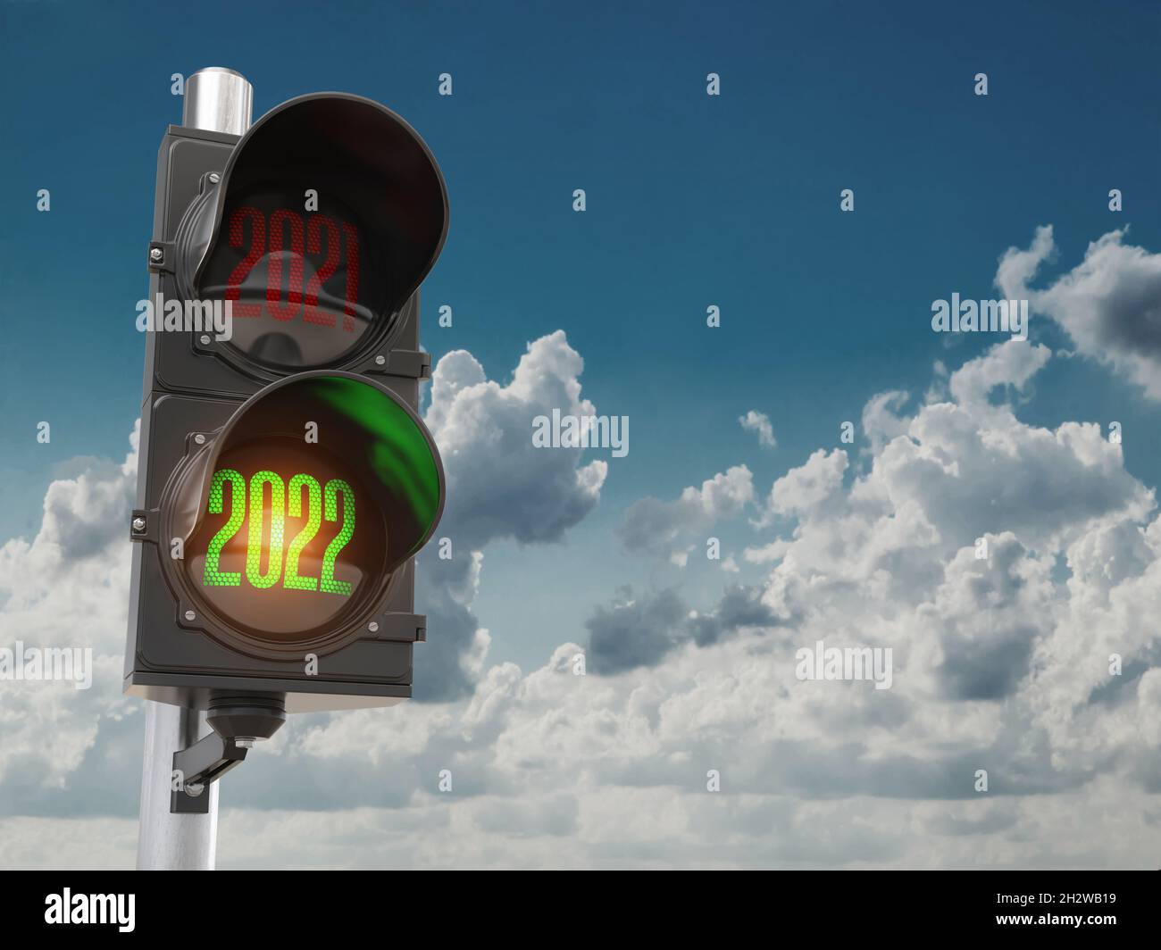 Traffic light with green light 2022 and red 2021 on sky background. Start New 2022 Year concept. 3d illustration Stock Photo