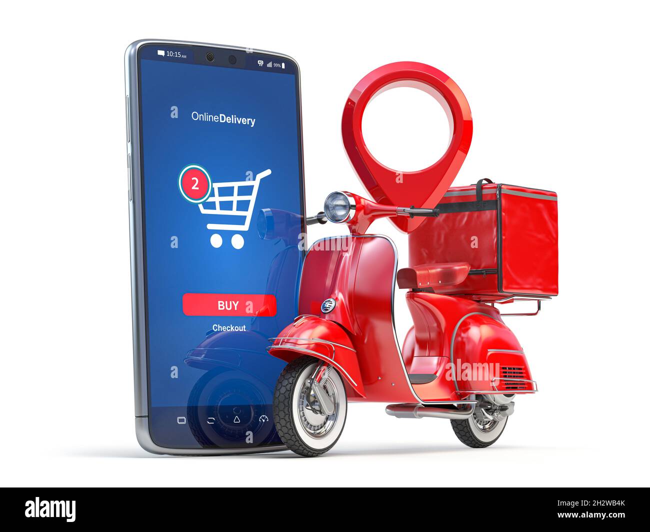 Fast online express delivery concept. Red scooter with delivery bag and