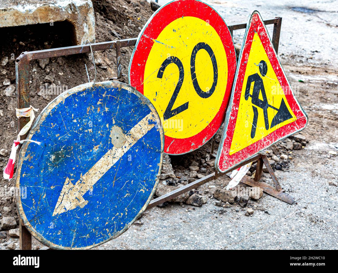 Road works traffic sign at the city street. Under construction road ...