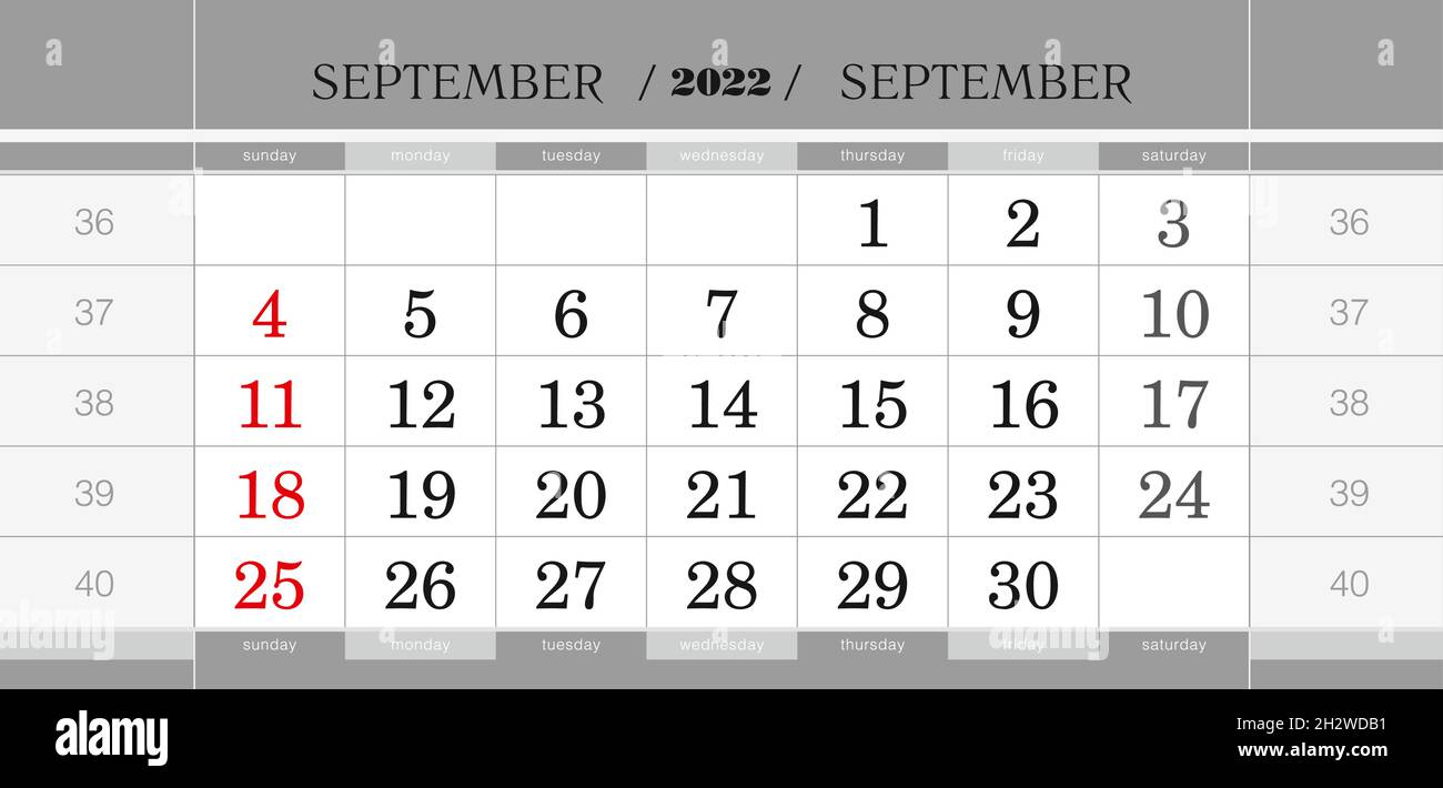 September 2022 quarterly calendar block. Wall calendar in English, week  starts from Sunday. Vector Illustration Stock Vector Image & Art - Alamy