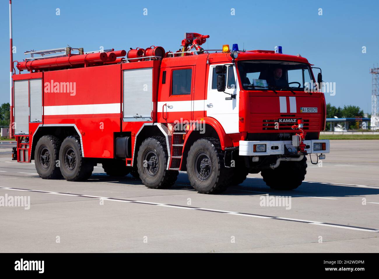 Kyiv, Ukraine - June 27, 2020: Red fire truck KAMAZ in the international airport Boryspil. New car. Stock Photo