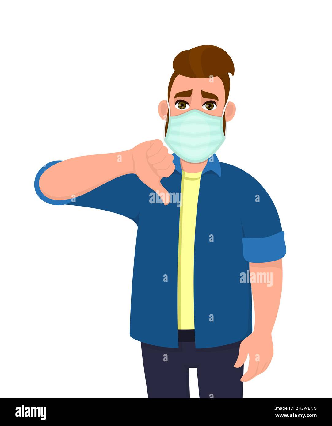 Young hipster man covering face with medical mask and showing thumbs down symbol. Person wearing hygienic facial protection and gesturing bad or negat Stock Vector