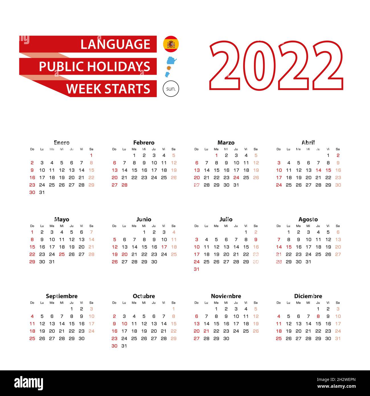 Calendar 2022 In Spanish Language With Public Holidays The Country Of Argentina In Year 2022. Week Starts From Sunday. Vector Illustration Stock Vector Image & Art - Alamy