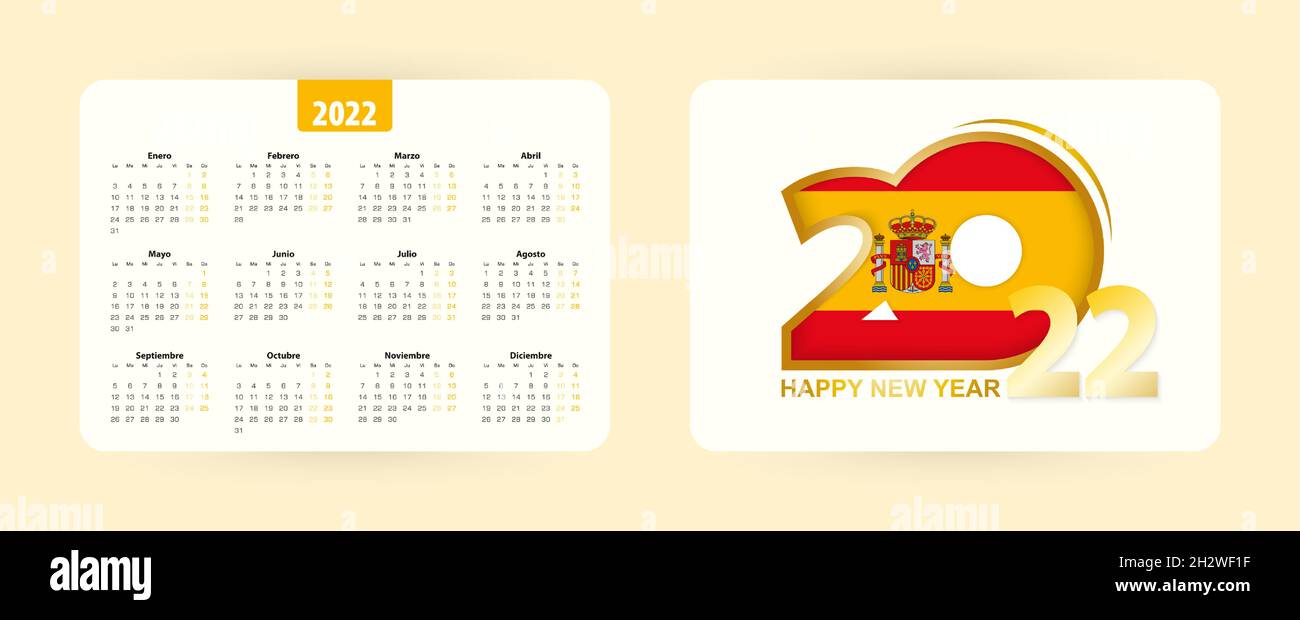 Spanish pocket calendar 2022. Happy new 2022 year icon with flag of