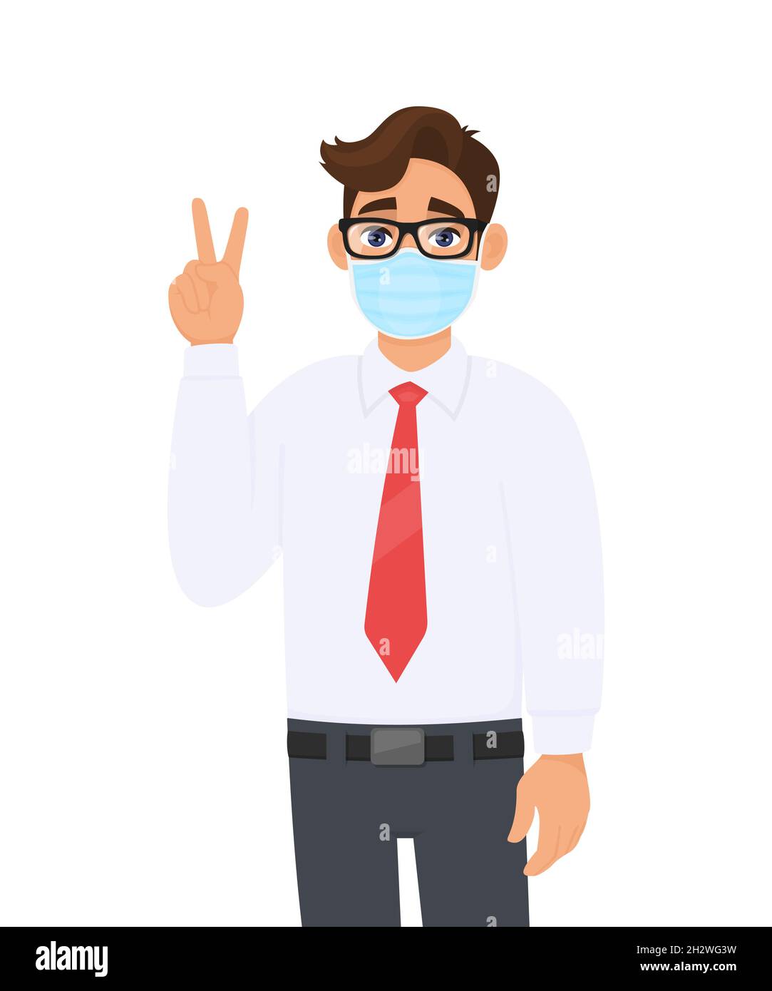 Young businessman wearing face medical mask and showing victory, peace sign. Trendy person covering surgical mask and gesturing two, success symbol. Stock Vector