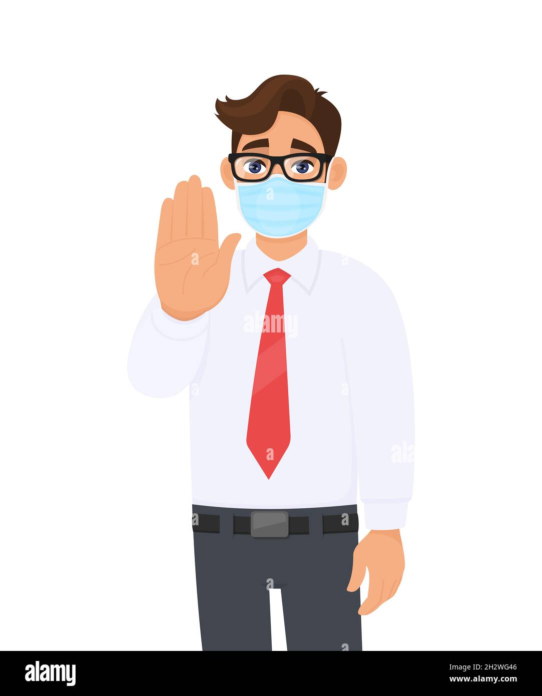Young business man wearing face medical mask and showing stop hand sign. Trendy person covering surgical mask and gesturing halt, quit symbol. Stock Vector