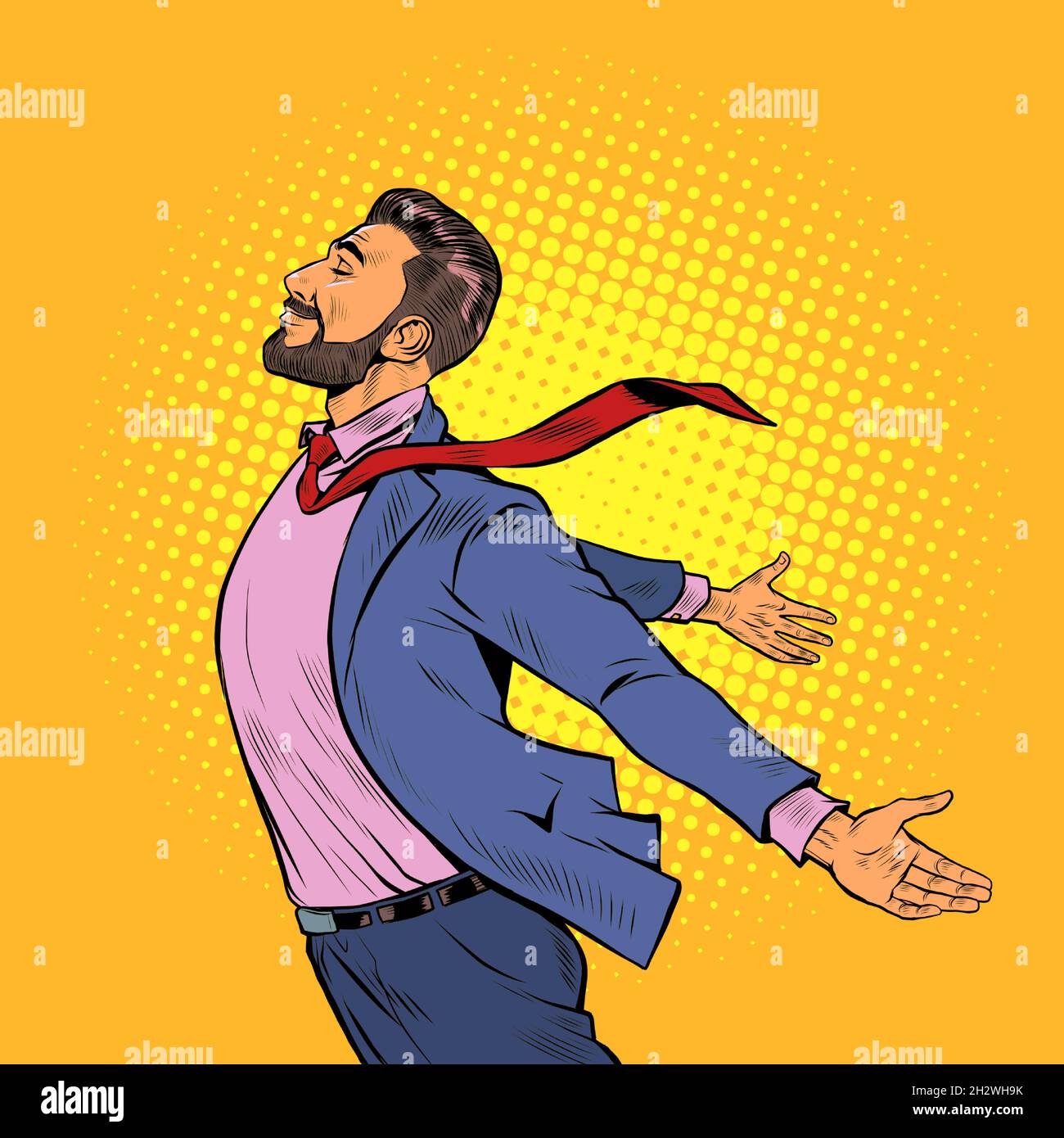 a joyful man stands in the wind, opened his hands to the elements. Strong leader businessman Stock Vector