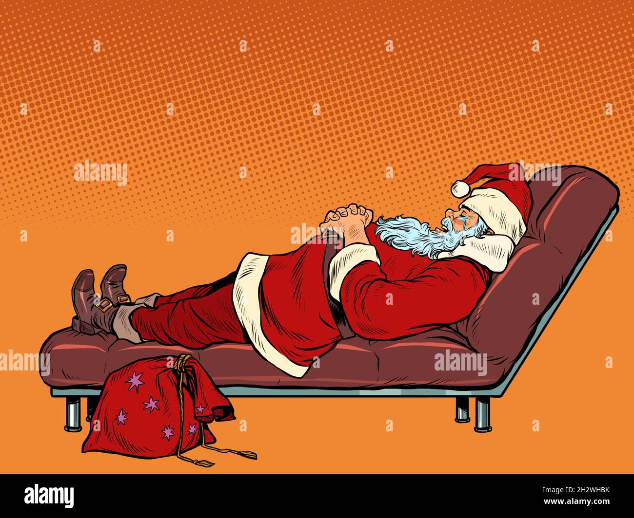 Santa Claus is sleeping on the couch. Christmas night. Rest after the holidays Stock Vector