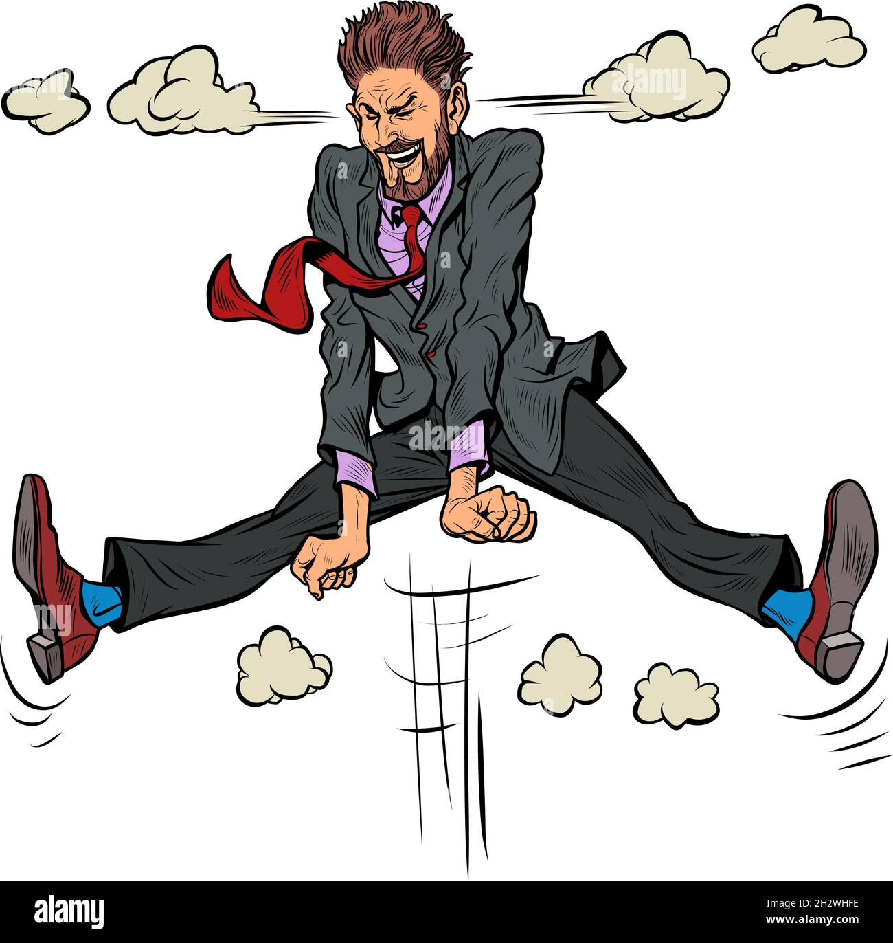 emotional male businessman jumped up, steam from his ears, cartoon pose Stock Vector