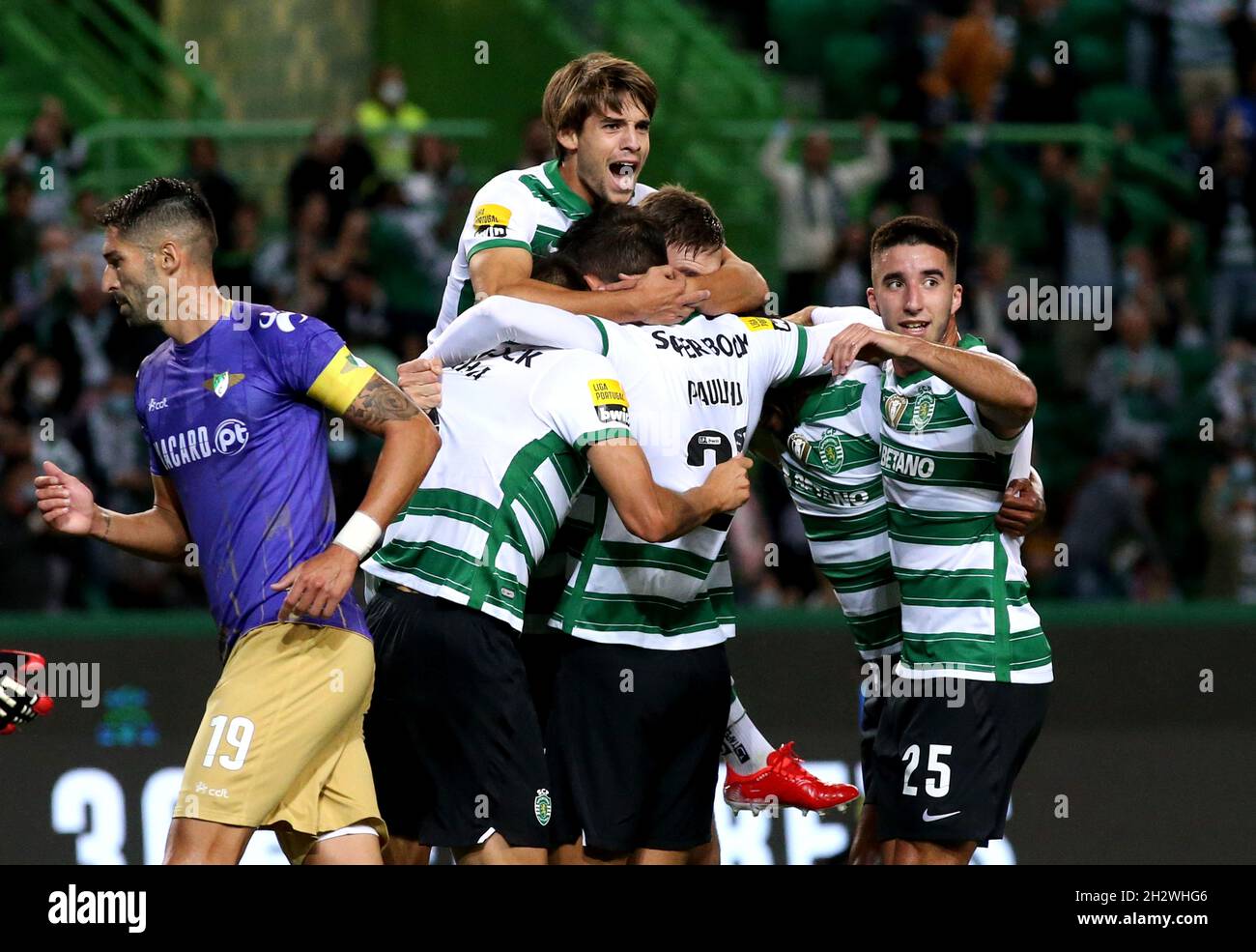 LISBON, PORTUGAL - OCTOBER 23: Sebastian Coates of Sporting CP celebrates with team mate after scoring his opening Goal ,during the Liga Portugal Bwin match between Sporting CP and Moreirense FC at Estadio Jose Alvalade on October 23, 2021 in Lisbon, Portugal. (Photo by MB Media) Stock Photo