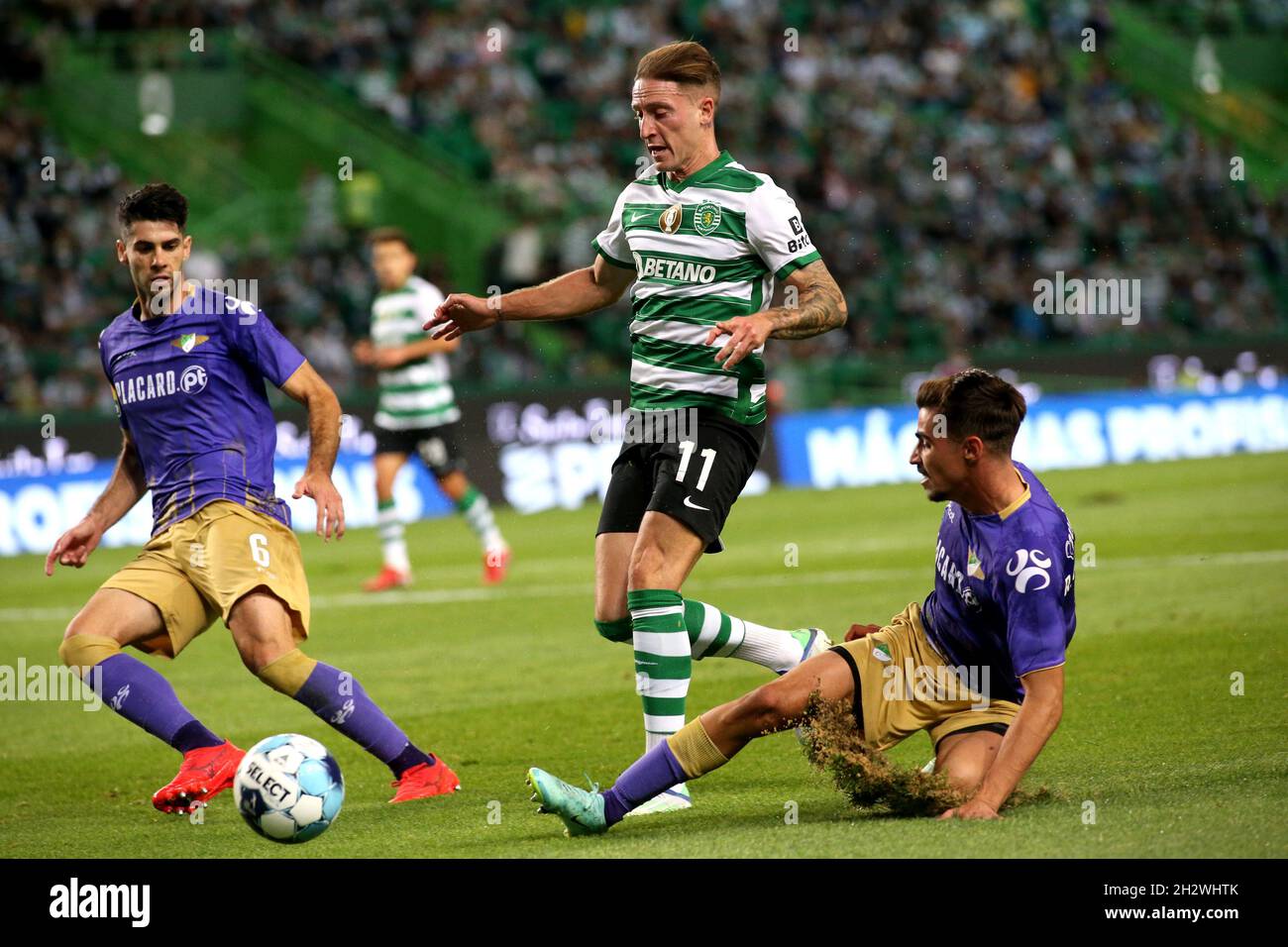 LISBON, PORTUGAL - OCTOBER 23: Nuno Santos of Sporting CP competes for the ball with Fabio Pacheco and Rodrigo Conceicao of Moreirense FC ,during the Liga Portugal Bwin match between Sporting CP and Moreirense FC at Estadio Jose Alvalade on October 23, 2021 in Lisbon, Portugal. (Photo by MB Media) Stock Photo
