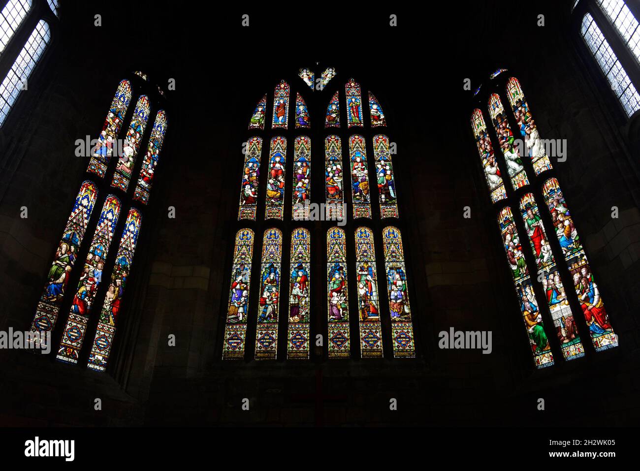 View of the stained glass chancel windows in the church of the Holy Rude in Stirling, Scotland, where James 6th was crowned king of Scotland in 1567 Stock Photo