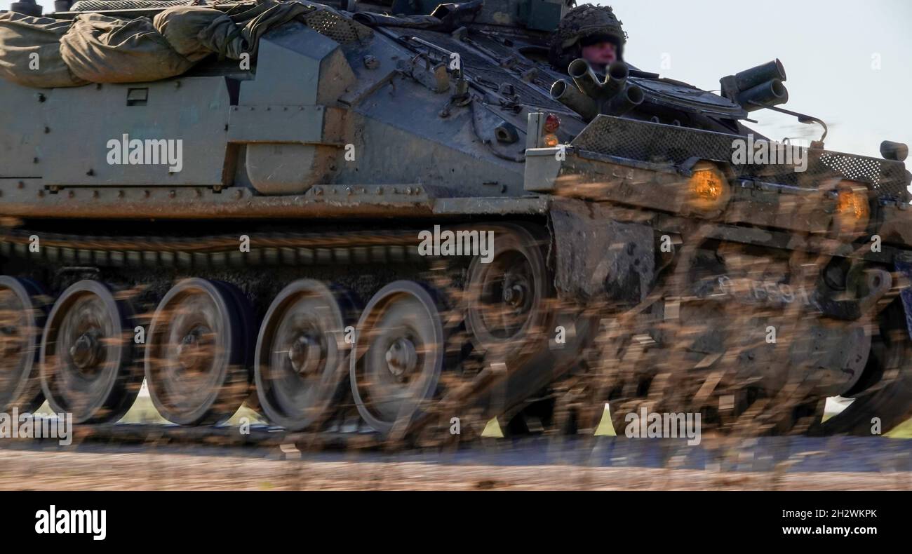 close up of a British army FV103 Spartan CVR-T tracked armoured ...