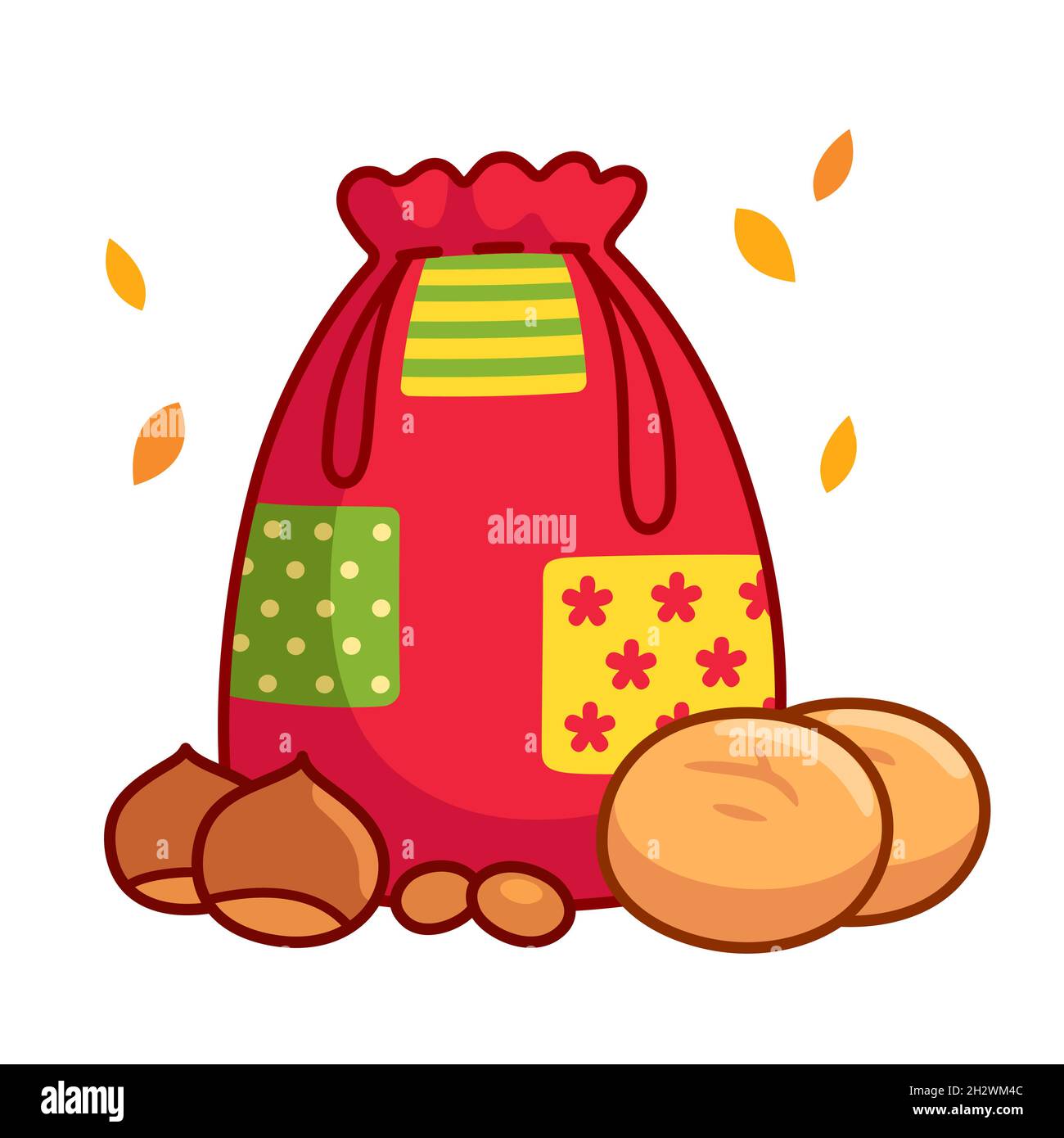 Pão por Deus (Portugese for Bread for God) All Saints Day tradition in Portugal. Cloth bag with broas (cakes) nuts and chestnuts. Cartoon vector illus Stock Vector